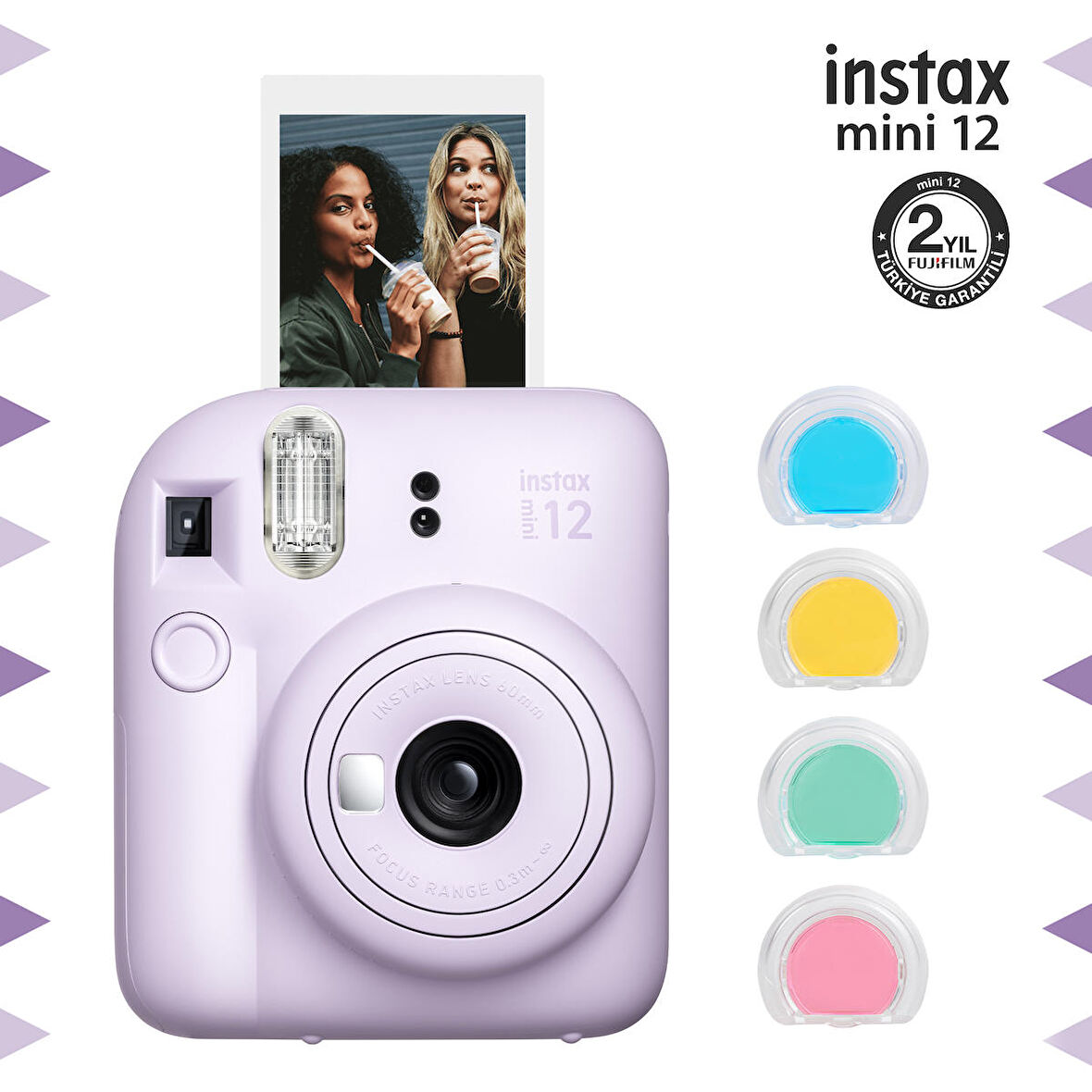 Instax mini 12 Lila Fotoğraf Makinesi ve 4'lü Renkli Lens Seti