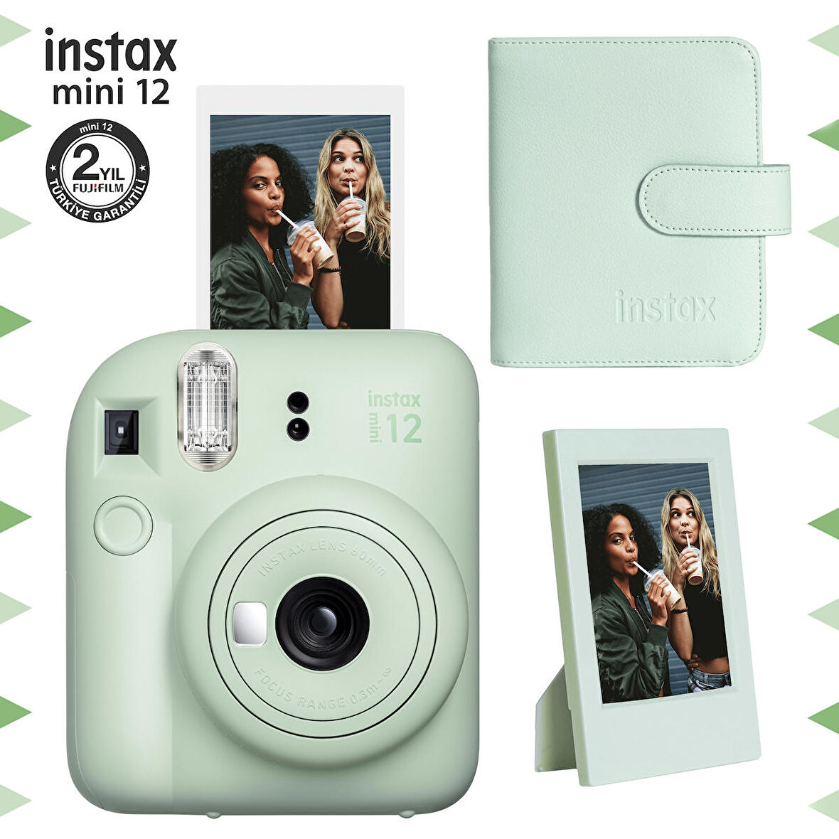 Instax mini 12 Yeşil Fotoğraf Makinesi-Çerçeve ve 64'lü Kare Albüm Seti