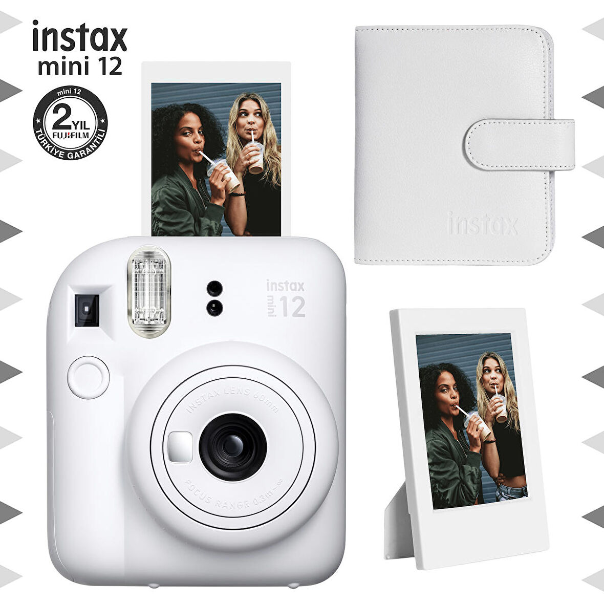 Instax mini 12 Beyaz Fotoğraf Makinesi-Çerçeve ve 64'lü Kare Albüm Seti