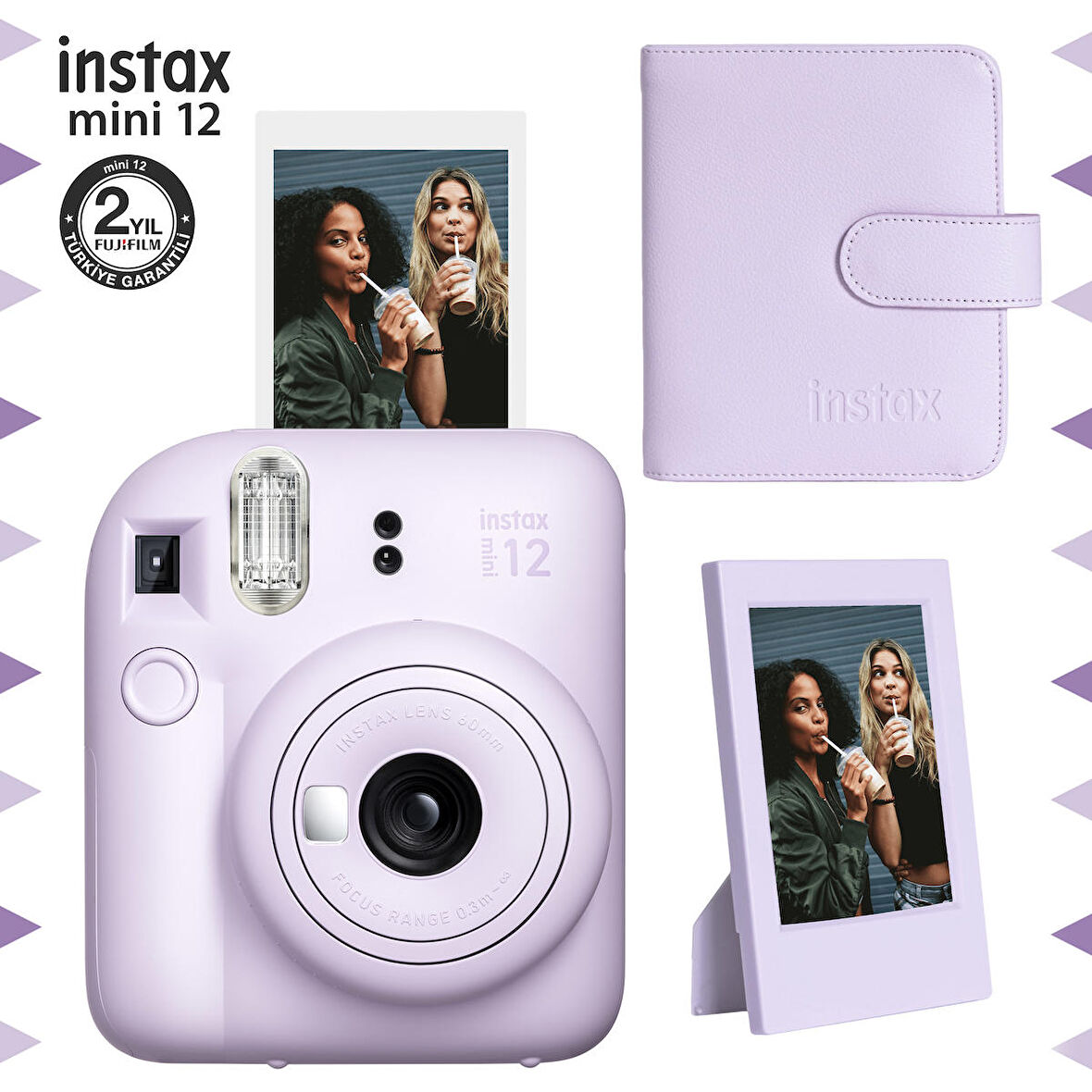 Instax mini 12 Lila Fotoğraf Makinesi-Çerçeve ve 64'lü Kare Albüm Seti