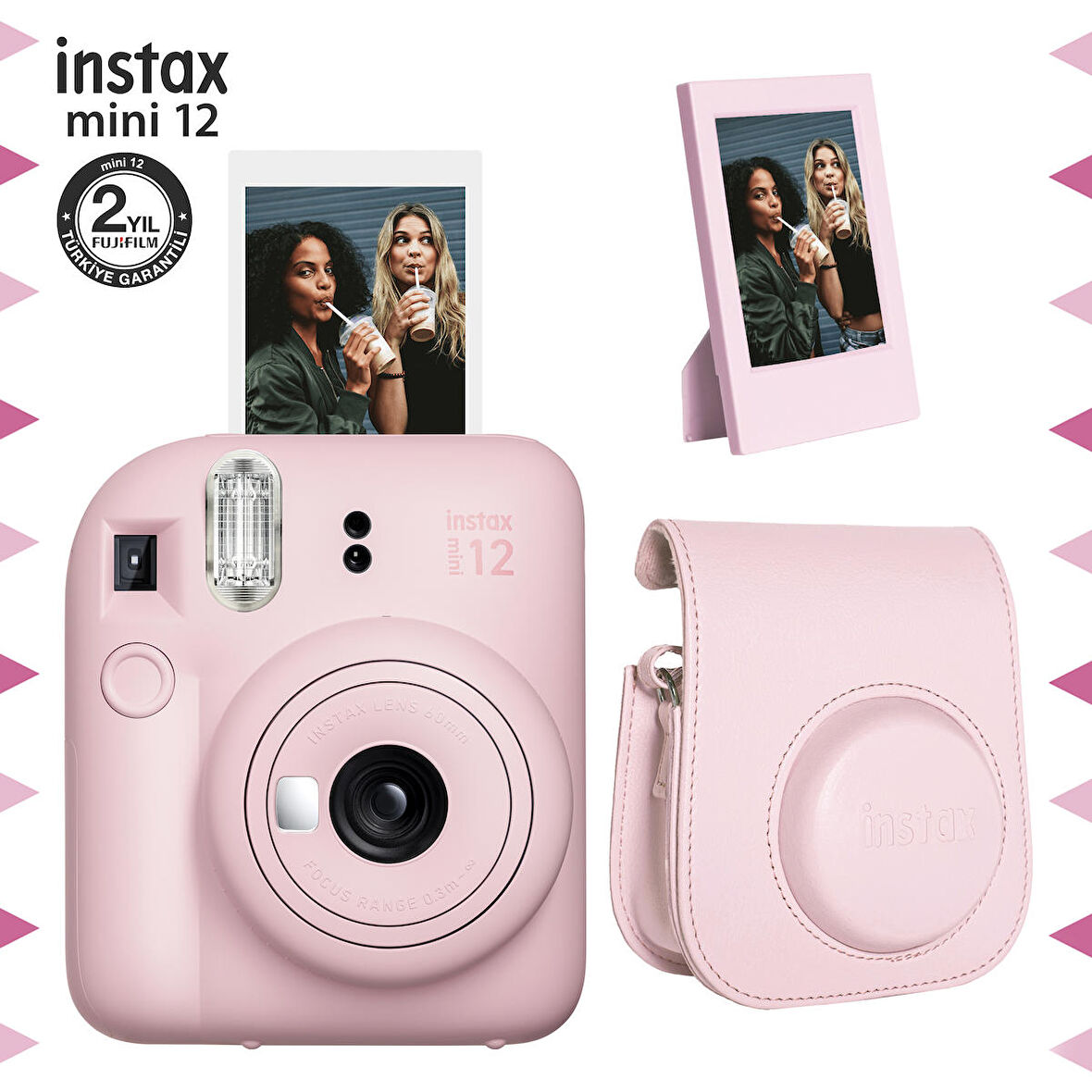 Instax mini 12 Pembe Fotoğraf Makinesi-Çerçeve ve Deri Kılıf Seti