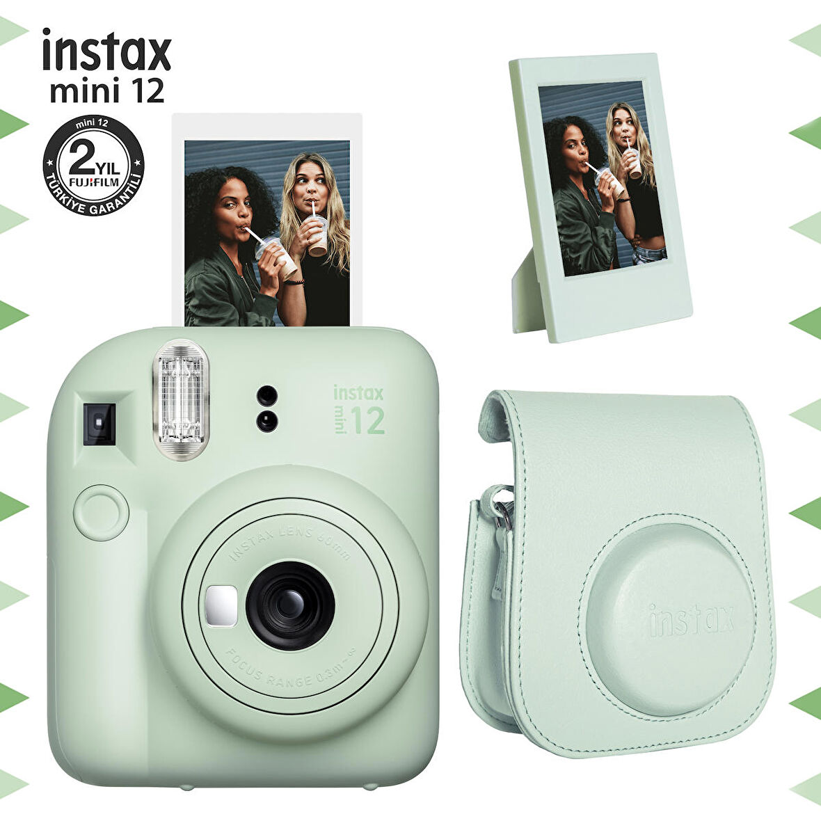 Instax mini 12 Yeşil Fotoğraf Makinesi-Çerçeve ve Deri Kılıf Seti