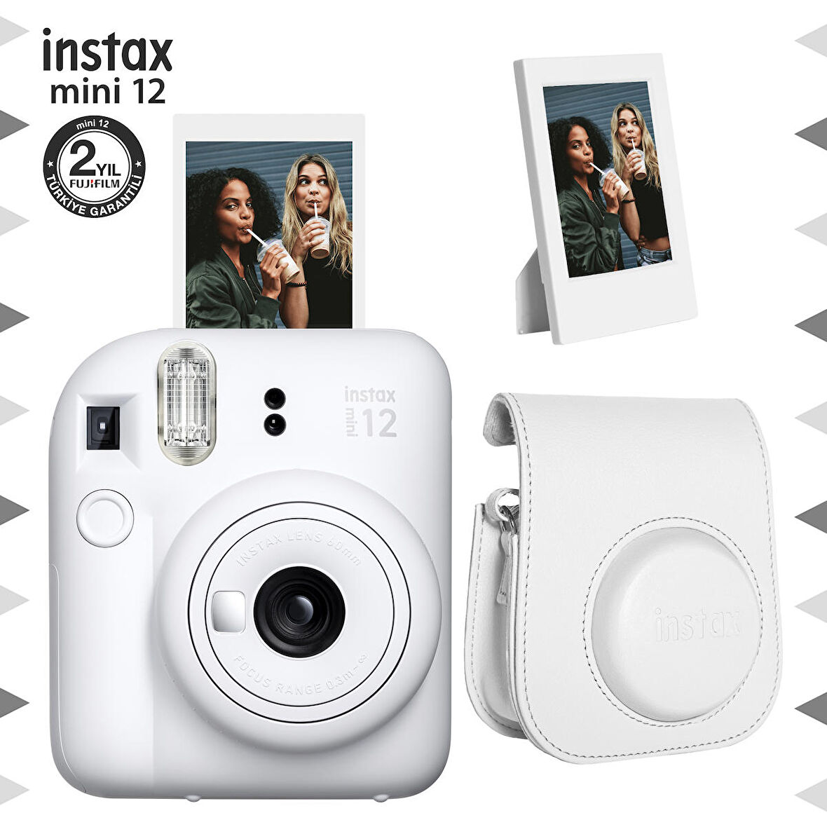 Instax mini 12 Beyaz Fotoğraf Makinesi-Çerçeve ve Deri Kılıf Seti