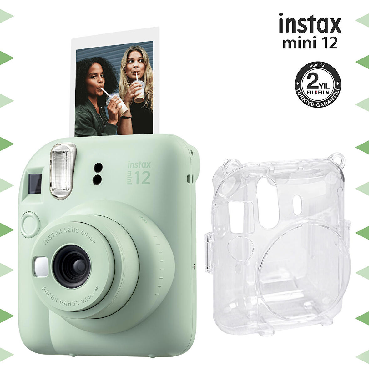 Instax mini 12 Yeşil Fotoğraf Makinesi ve Şeffaf Kılıf Seti-FOTSI197-S2-SK