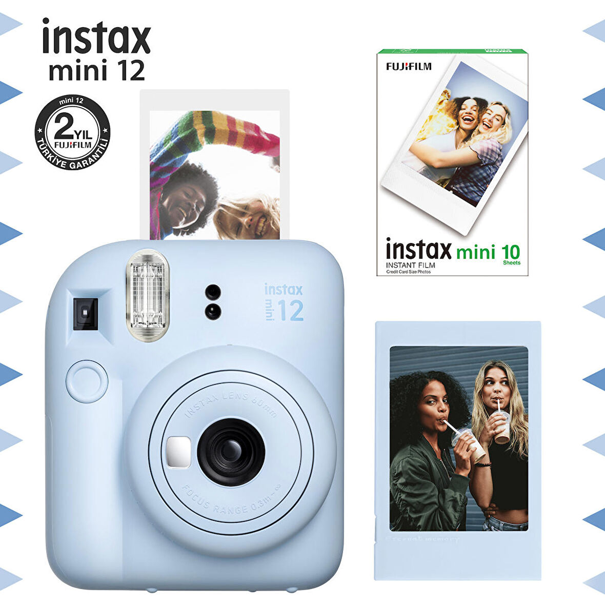 Instax mini 12 Mavi Fotoğraf Makinesi-Çerçeve ve 10'lu mini Film Seti