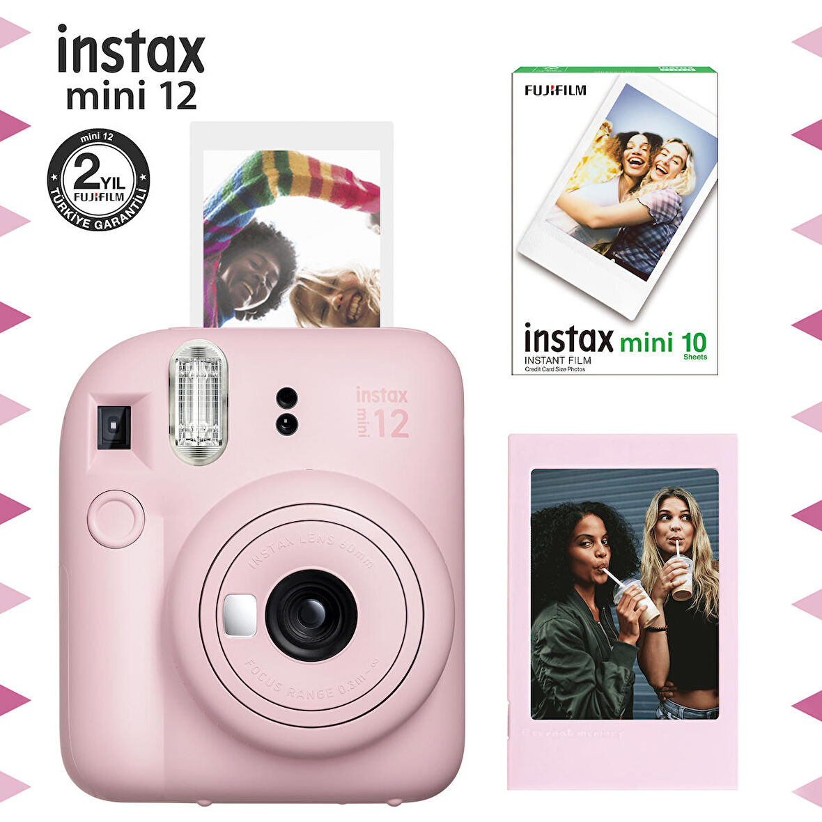 Instax mini 12 Pembe Fotoğraf Makinesi-Çerçeve ve 10'lu mini Film Seti
