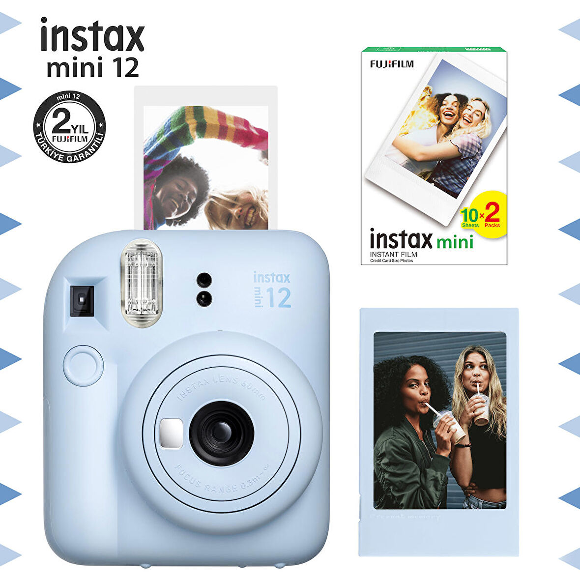 Instax mini 12 Mavi Fotoğraf Makinesi-Çerçeve ve 20'li mini Film Seti