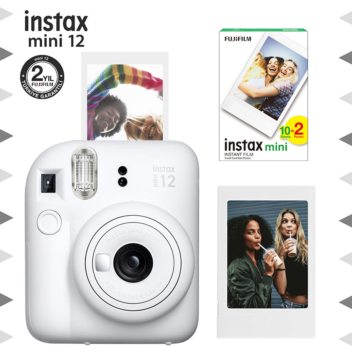 Instax mini 12 Beyaz Fotoğraf Makinesi-Çerçeve ve 20'li mini Film Seti