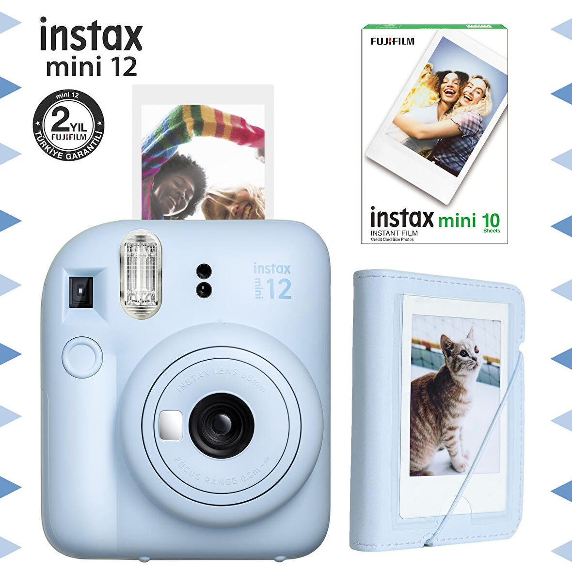 Instax mini 12 Mavi Fotoğraf Makinesi-10'lu Film ve Mini Albüm Seti