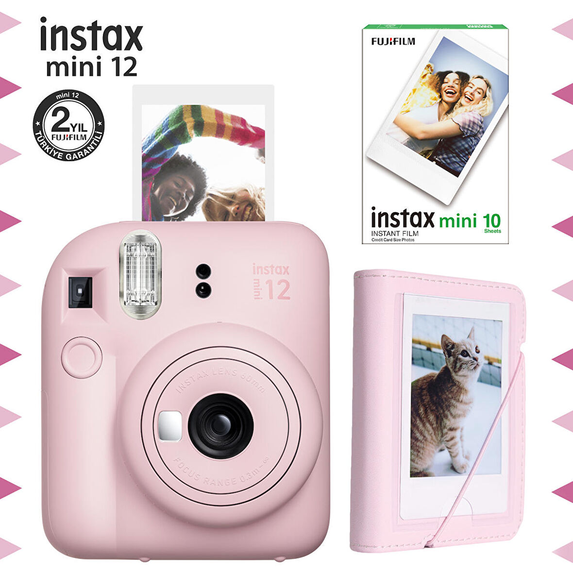 Instax mini 12 Pembe Fotoğraf Makinesi-10'lu Film ve Mini Albüm Seti-FOTSI196-S3-10-MA