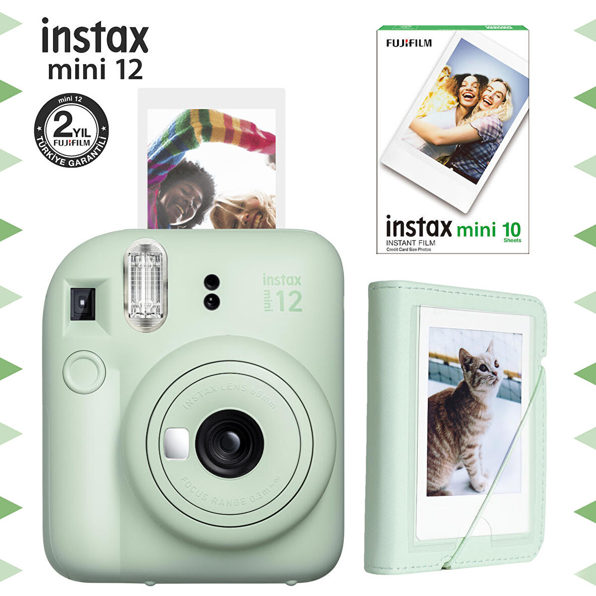 Instax mini 12 Yeşil Fotoğraf Makinesi-10'lu Film ve Mini Albüm Seti