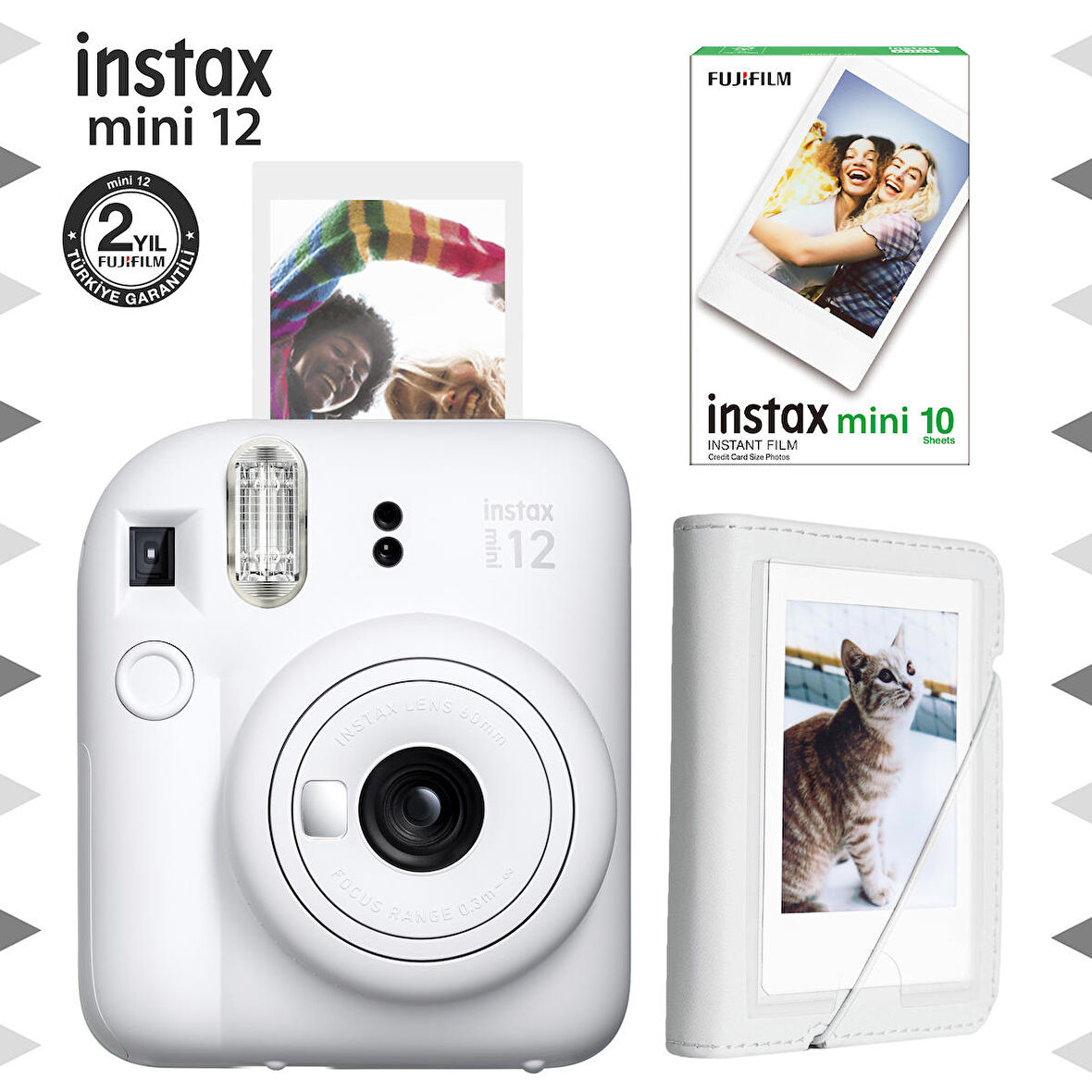 Instax mini 12 Beyaz Fotoğraf Makinesi-10'lu Film ve Mini Albüm Seti