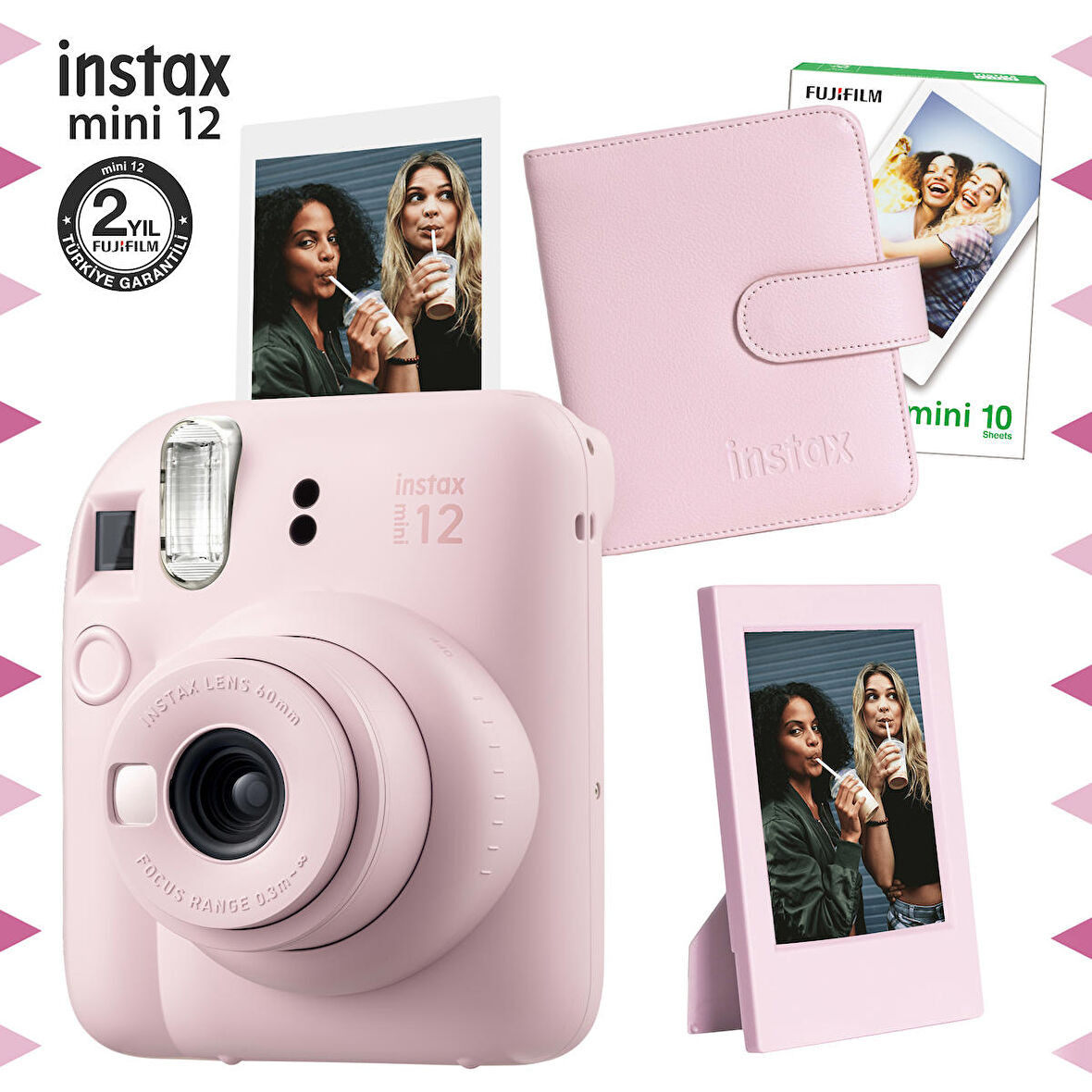 Instax mini 12 Pembe Fotoğraf Makinesi-10'lu Film-Çerçeve ve Kare Albüm Seti