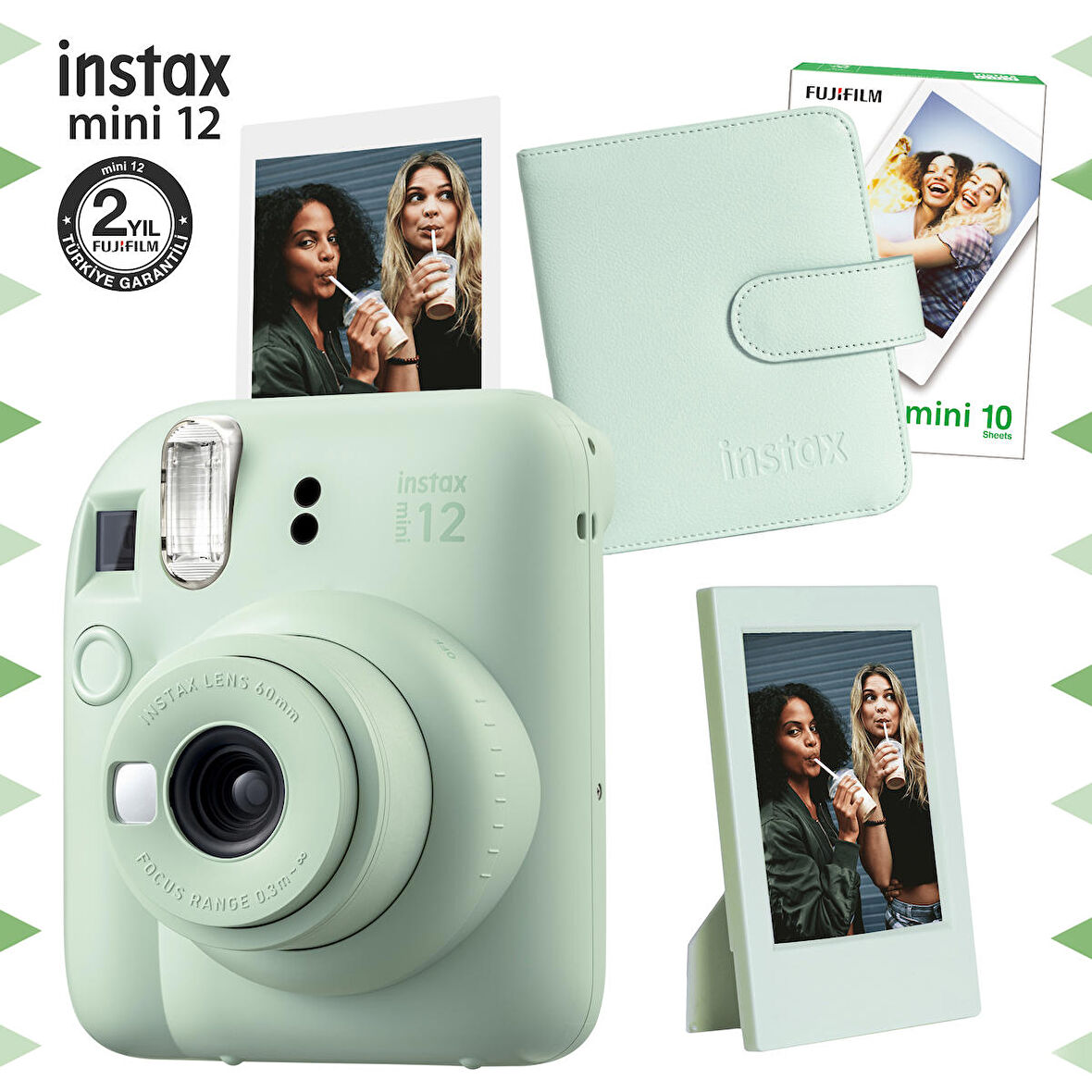 Instax mini 12 Yeşil Fotoğraf Makinesi-10'lu Film-Çerçeve ve Kare Albüm Seti