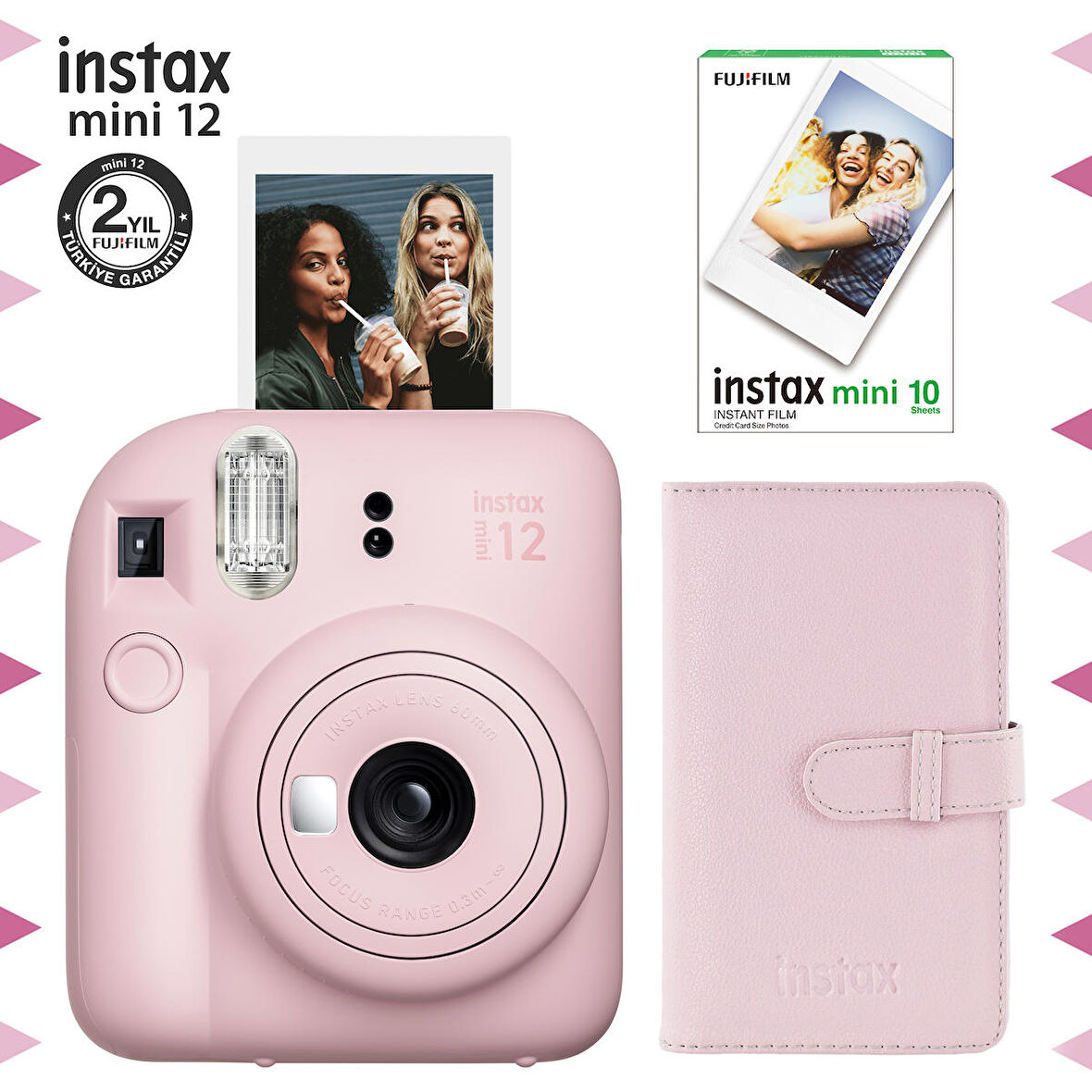 Instax mini 12 Pembe Fotoğraf Makinesi-10'lu Film ve Laporta Albüm Seti-FOTSI196-S3-10-LA