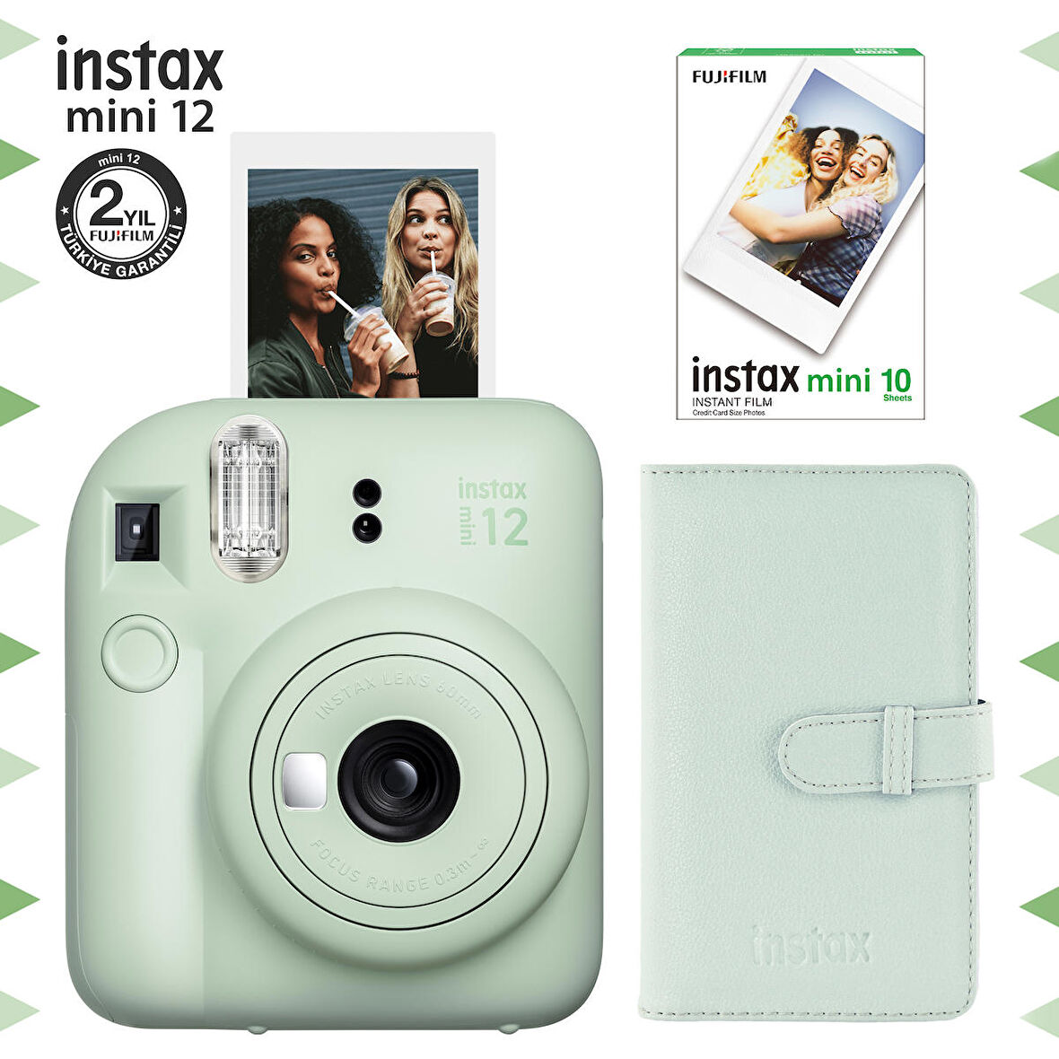 Instax mini 12 Yeşil Fotoğraf Makinesi-10'lu Film ve Laporta Albüm Seti