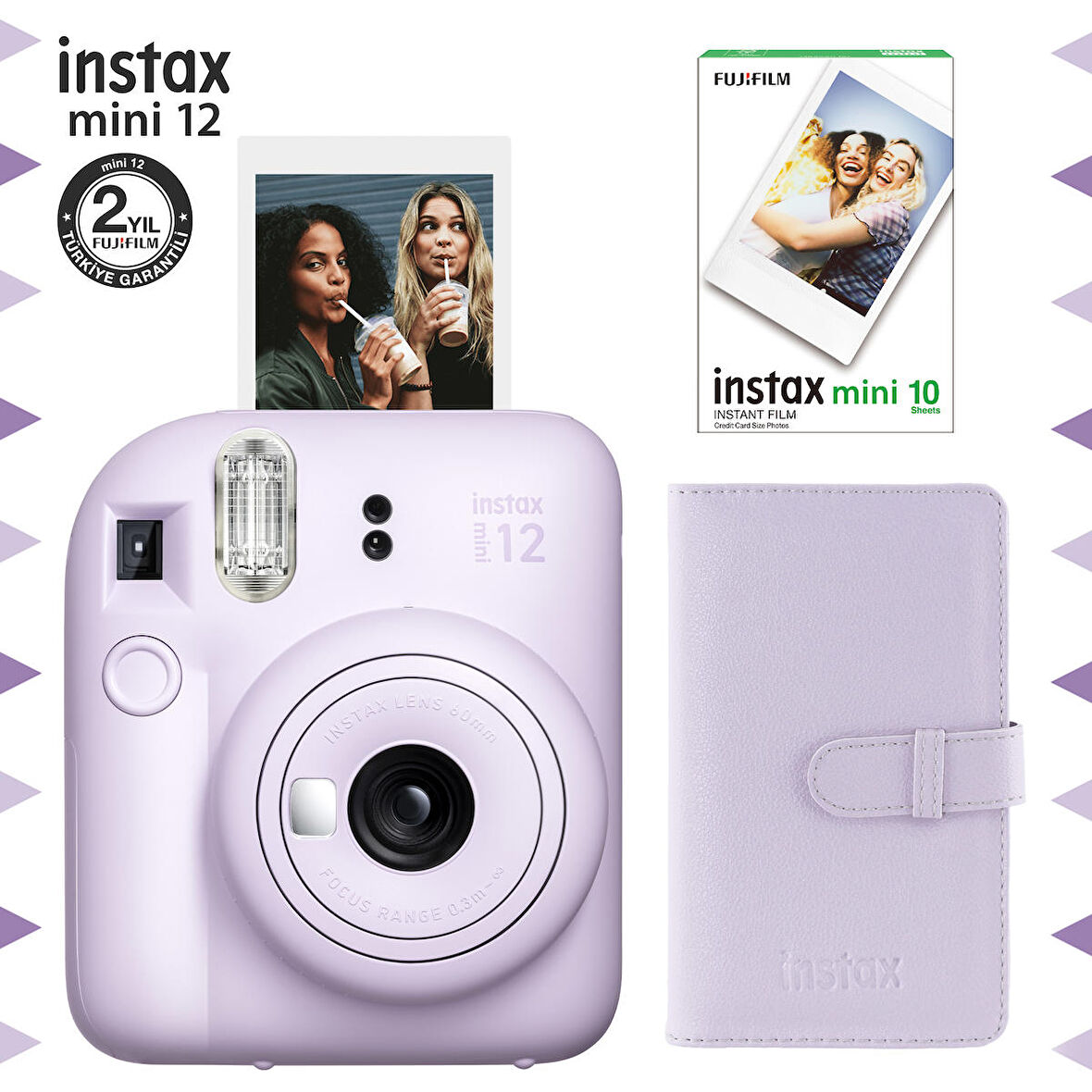 Instax mini 12 Lila Fotoğraf Makinesi-10'lu Film ve Laporta Albüm Seti-FOTSI199-S3-10-LA