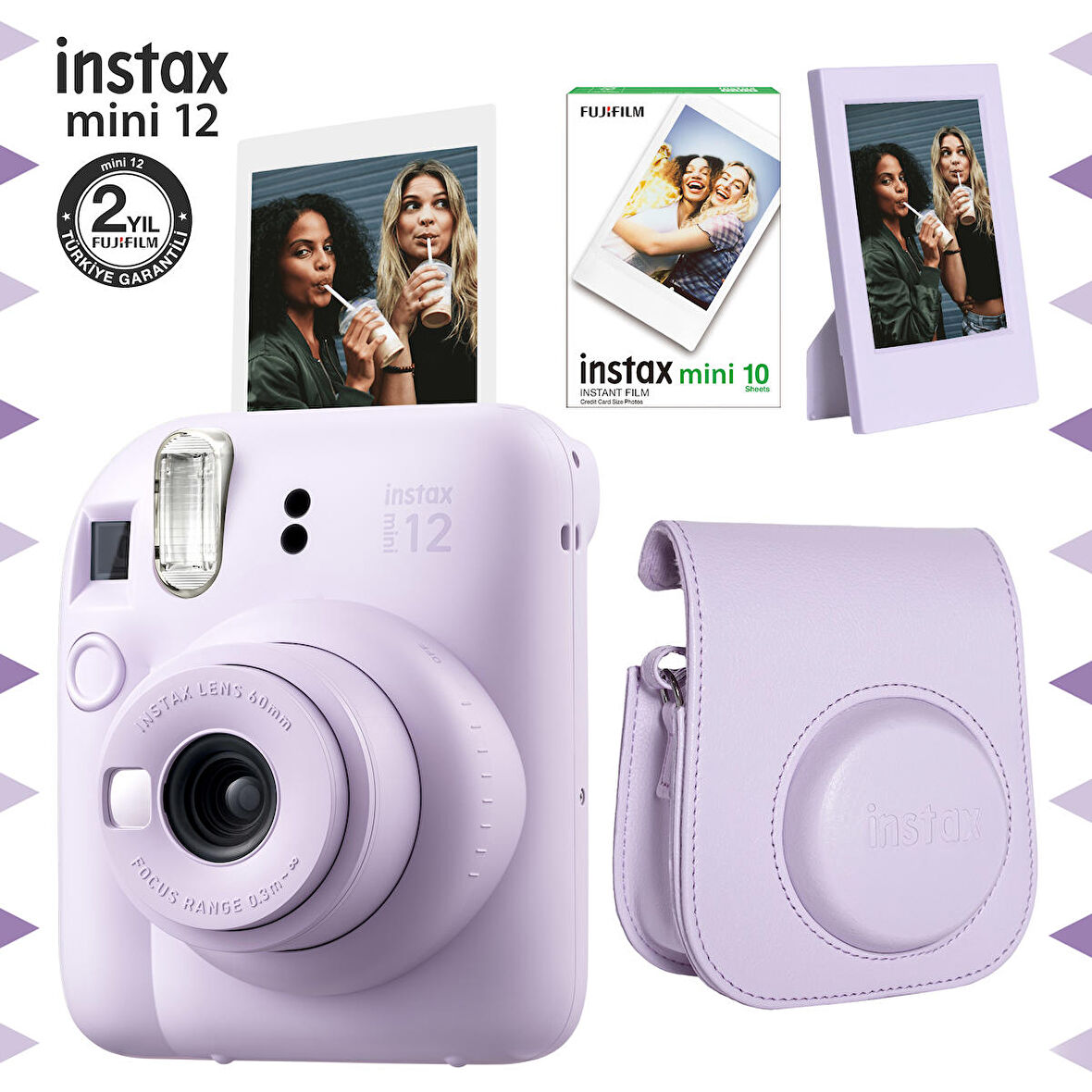 Instax mini 12 Lila Fotoğraf Makinesi-10'lu Film-Çerçeve ve Deri Kılıf Seti