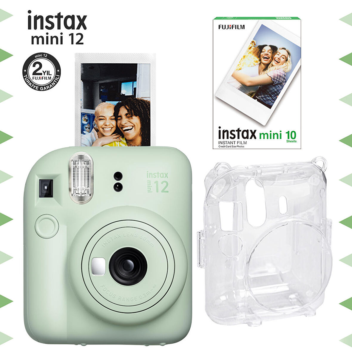 Instax mini 12 Yeşil Fotoğraf Makinesi-10'lu Film ve Şeffaf Kılıf Seti-FOTSI197-S3-10-SK