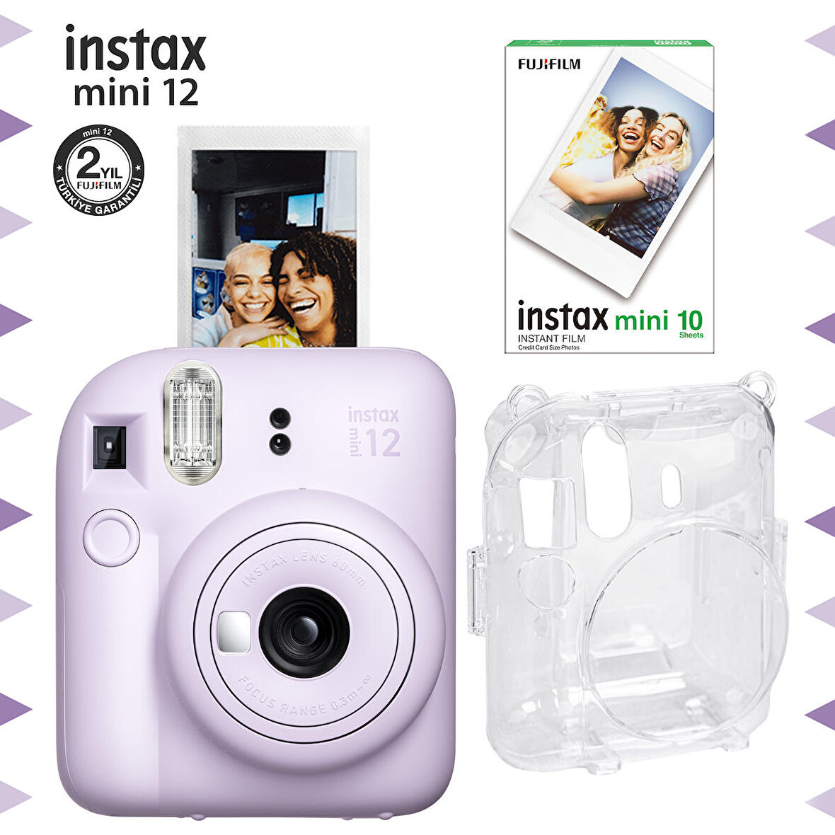 Instax mini 12 Lila Fotoğraf Makinesi-10'lu Film ve Şeffaf Kılıf Seti