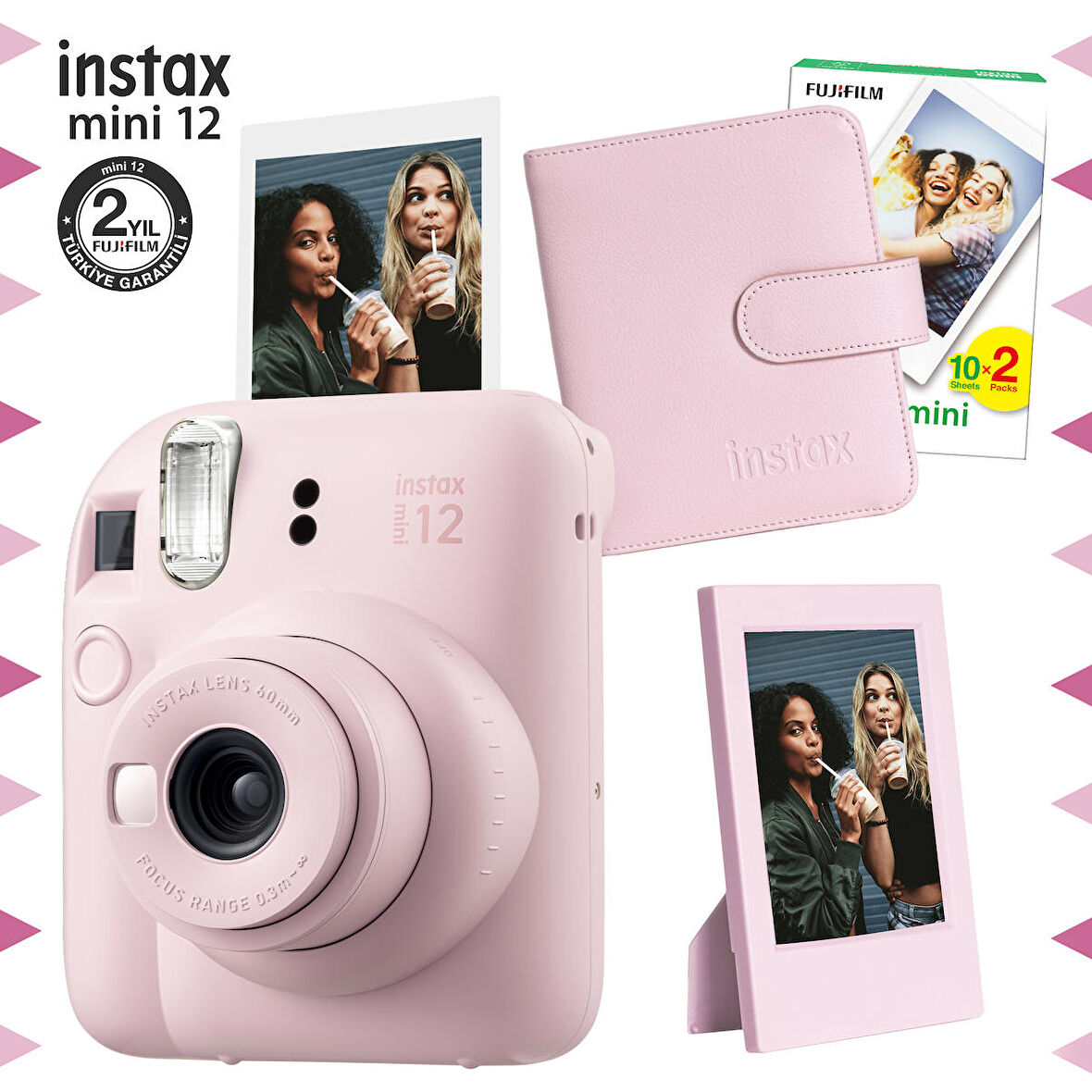 Instax mini 12 Pembe Fotoğraf Makinesi-20'li Film-Çerçeve ve Kare Albüm Seti