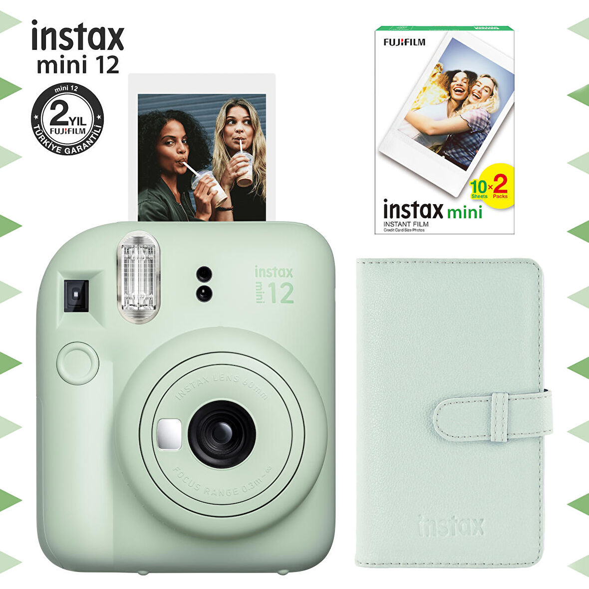 Instax mini 12 Yeşil Fotoğraf Makinesi-20'li Film ve Laporta Albüm Seti