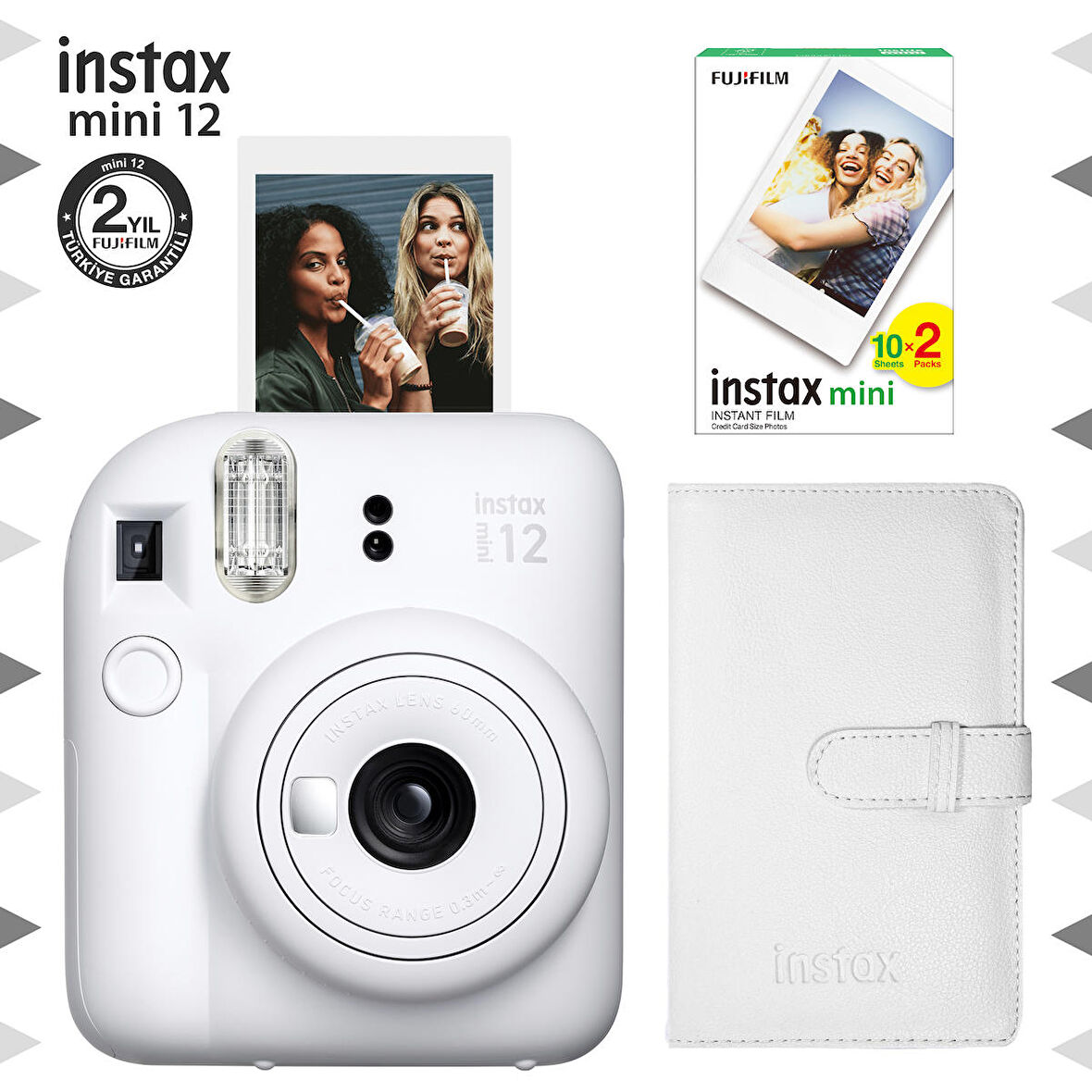 Instax mini 12 Beyaz Fotoğraf Makinesi-20'li Film ve Laporta Albüm Seti-FOTSI198-S3-20-LA