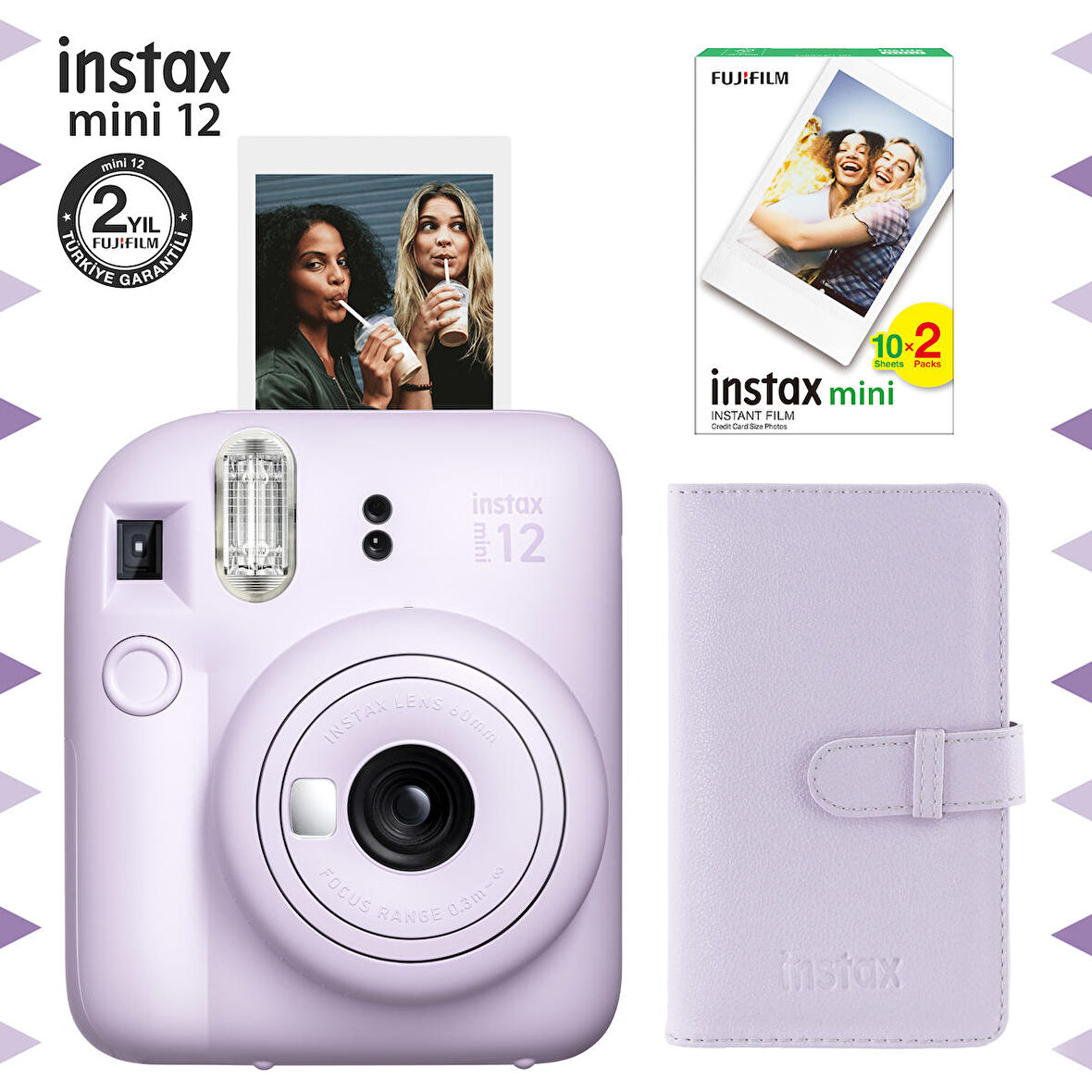 Instax mini 12 Lila Fotoğraf Makinesi-20'li Film ve Laporta Albüm Seti-FOTSI199-S3-20-LA