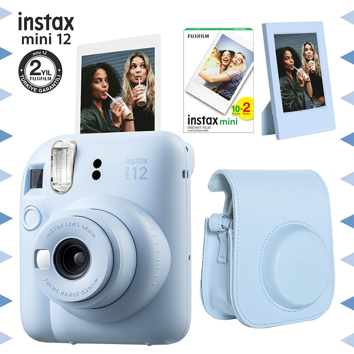 Instax mini 12 Mavi Fotoğraf Makinesi-20'li Film-Çerçeve ve Deri Kılıf Seti