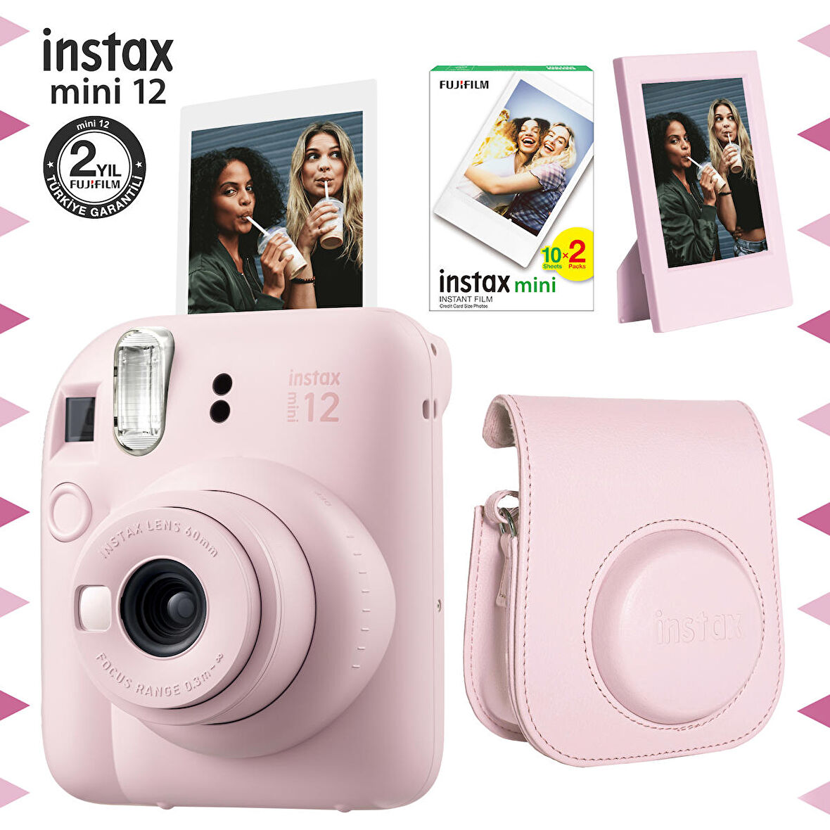 Instax mini 12 Pembe Fotoğraf Makinesi-20'li Film-Çerçeve ve Deri Kılıf Seti