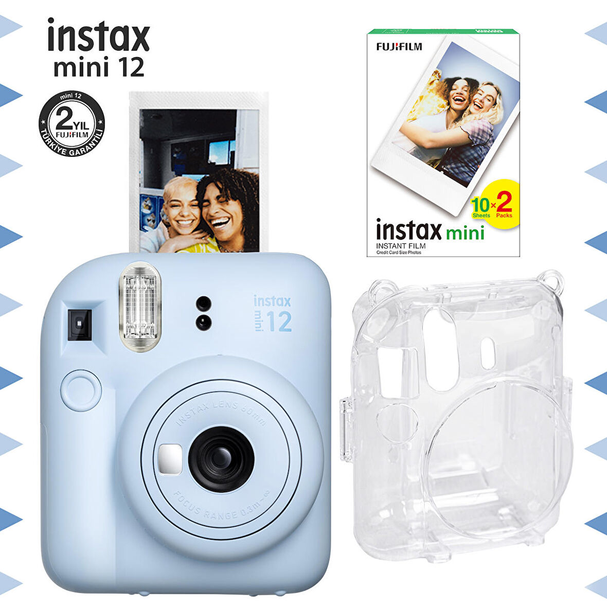 Instax mini 12 Mavi Fotoğraf Makinesi-20'li Film ve Şeffaf Kılıf Seti