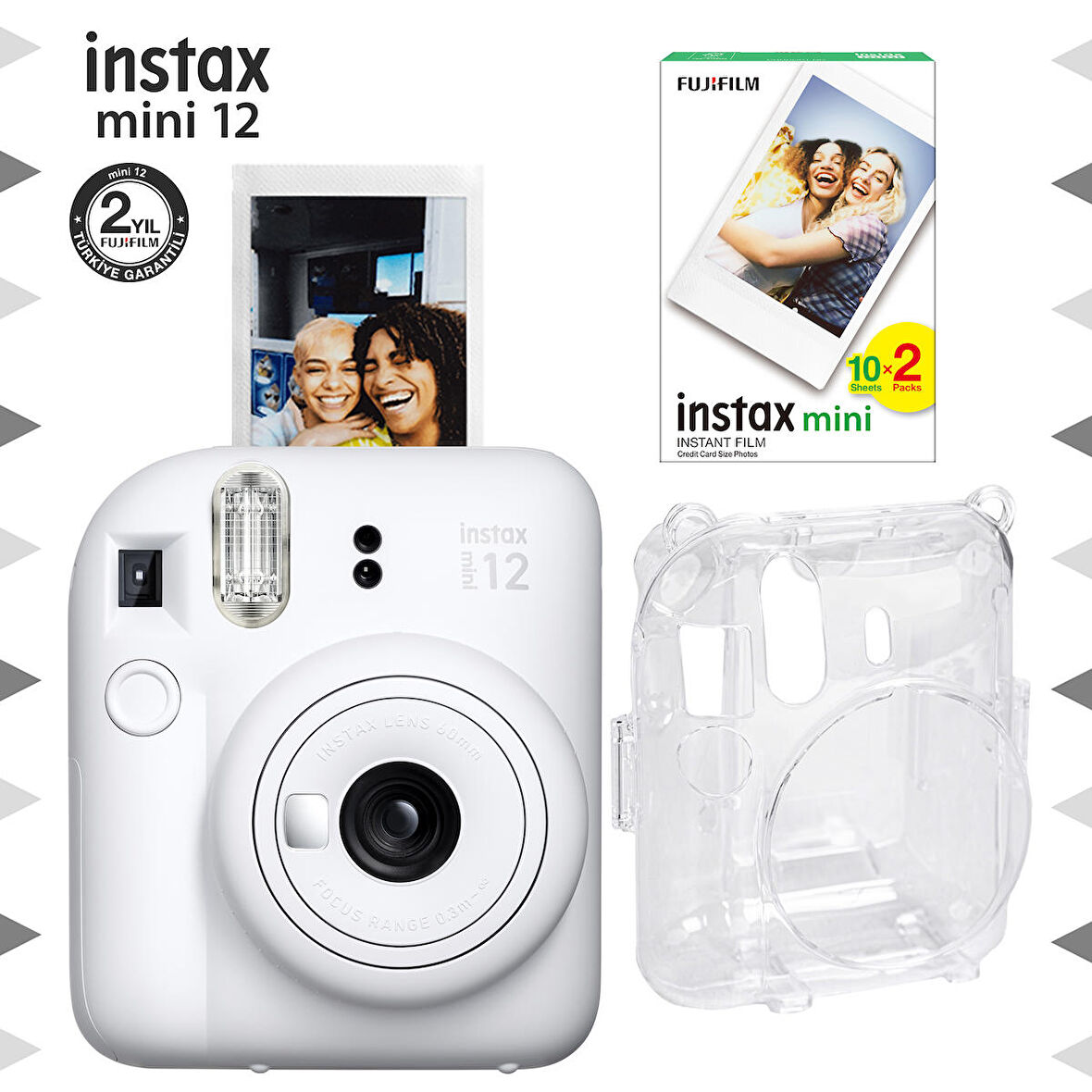 Instax mini 12 Beyaz Fotoğraf Makinesi-20'li Film ve Şeffaf Kılıf Seti