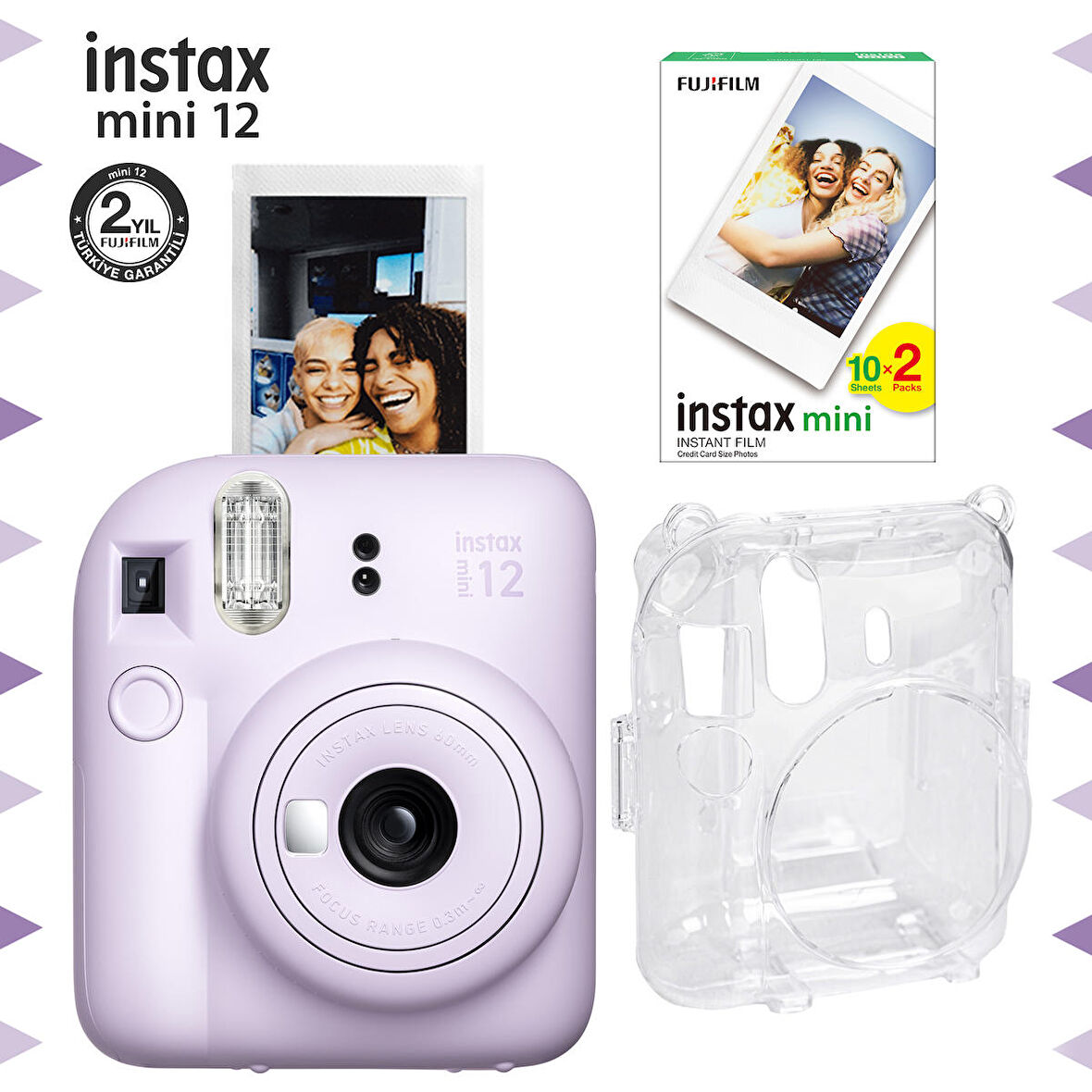 Instax mini 12 Lila Fotoğraf Makinesi-20'li Film ve Şeffaf Kılıf Seti