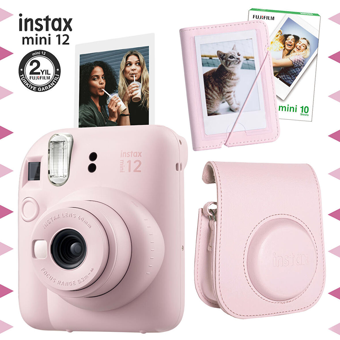 Instax mini 12 Pembe Fotoğraf Makinesi-10'lu Film-Mini Albüm ve Deri Kılıf Seti