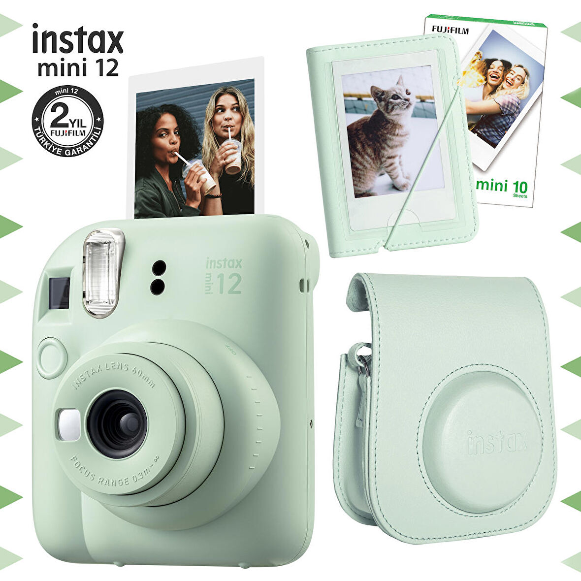 Instax mini 12 Yeşil Fotoğraf Makinesi-10'lu Film-Mini Albüm ve Deri Kılıf Seti