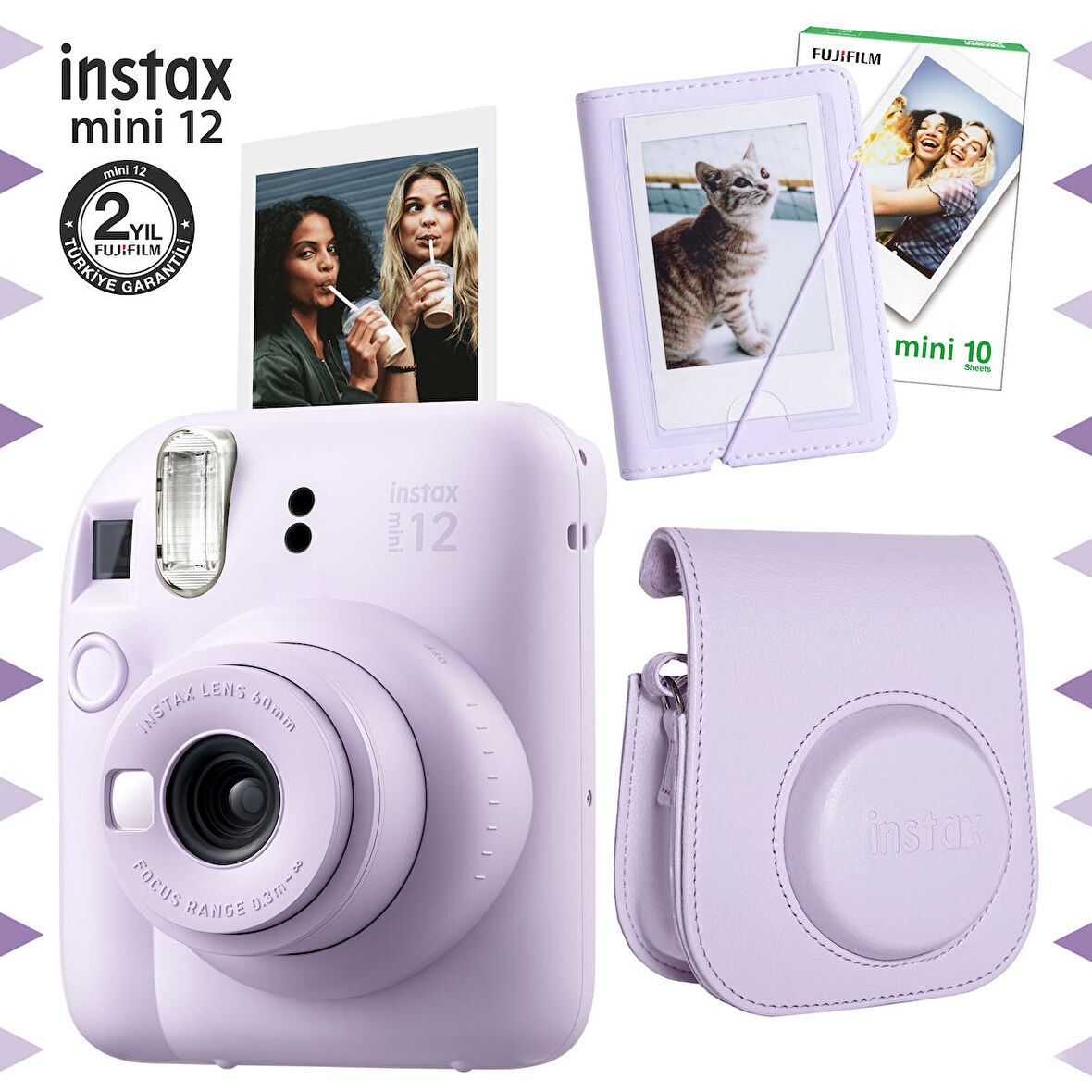 Instax mini 12 Lila Fotoğraf Makinesi-10'lu Film-Mini Albüm ve Deri Kılıf Seti