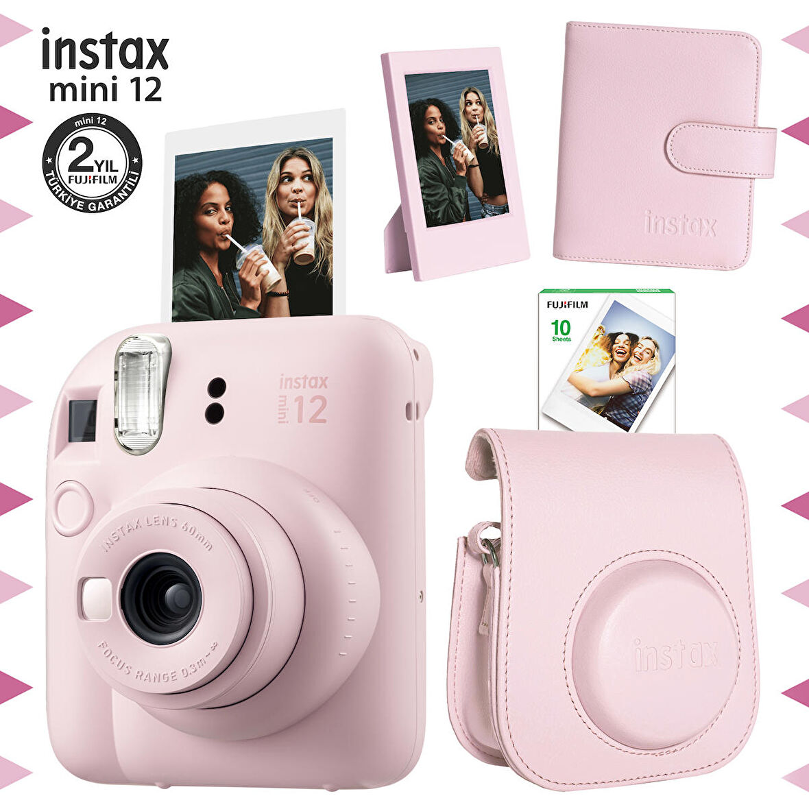 Instax mini 12 Pembe Fotoğraf Makinesi-10'lu Film-Çerçeve-Kare Albüm ve Deri Kılıf Seti