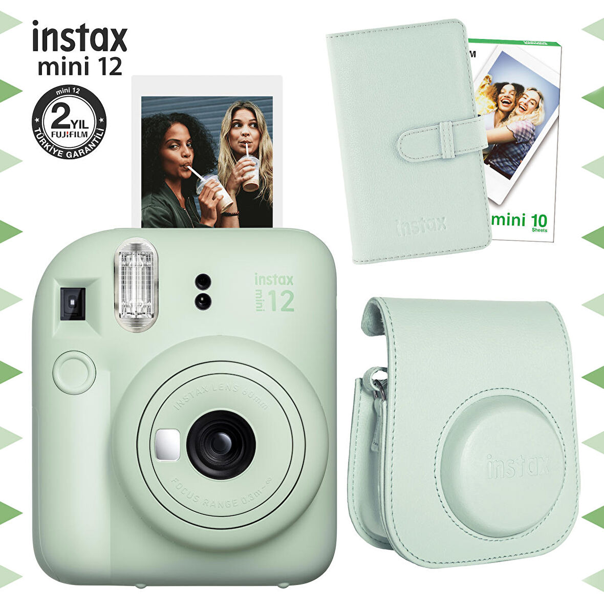 Instax mini 12 Yeşil Fotoğraf Makinesi-10'lu Film-Laporta Albüm ve Deri Kılıf Seti