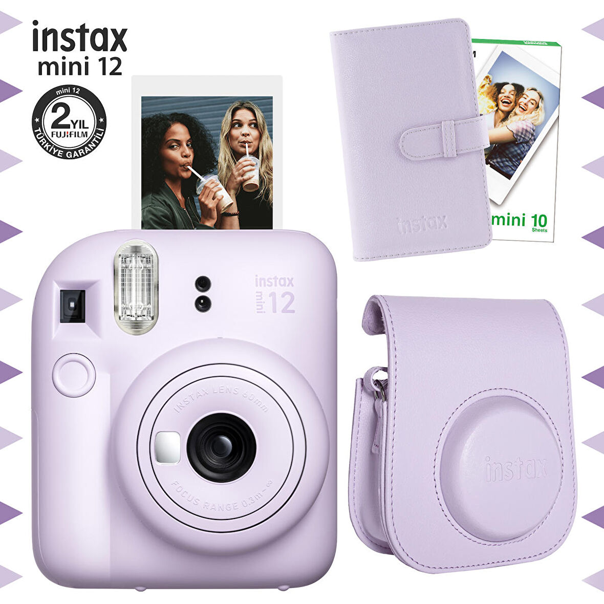 Instax mini 12 Lila Fotoğraf Makinesi-10'lu Film-Laporta Albüm ve Deri Kılıf Seti