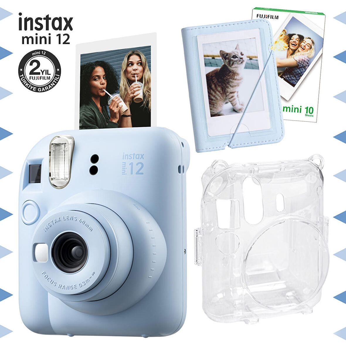 Instax mini 12 Mavi Fotoğraf Makinesi-10'lu Film-Mini Albüm ve Şeffaf Kılıf Seti