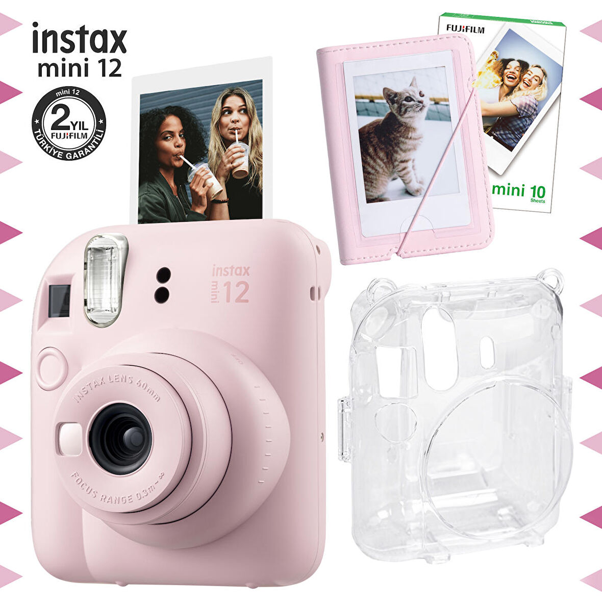 Instax mini 12 Pembe Fotoğraf Makinesi-10'lu Film-Mini Albüm ve Şeffaf Kılıf Seti