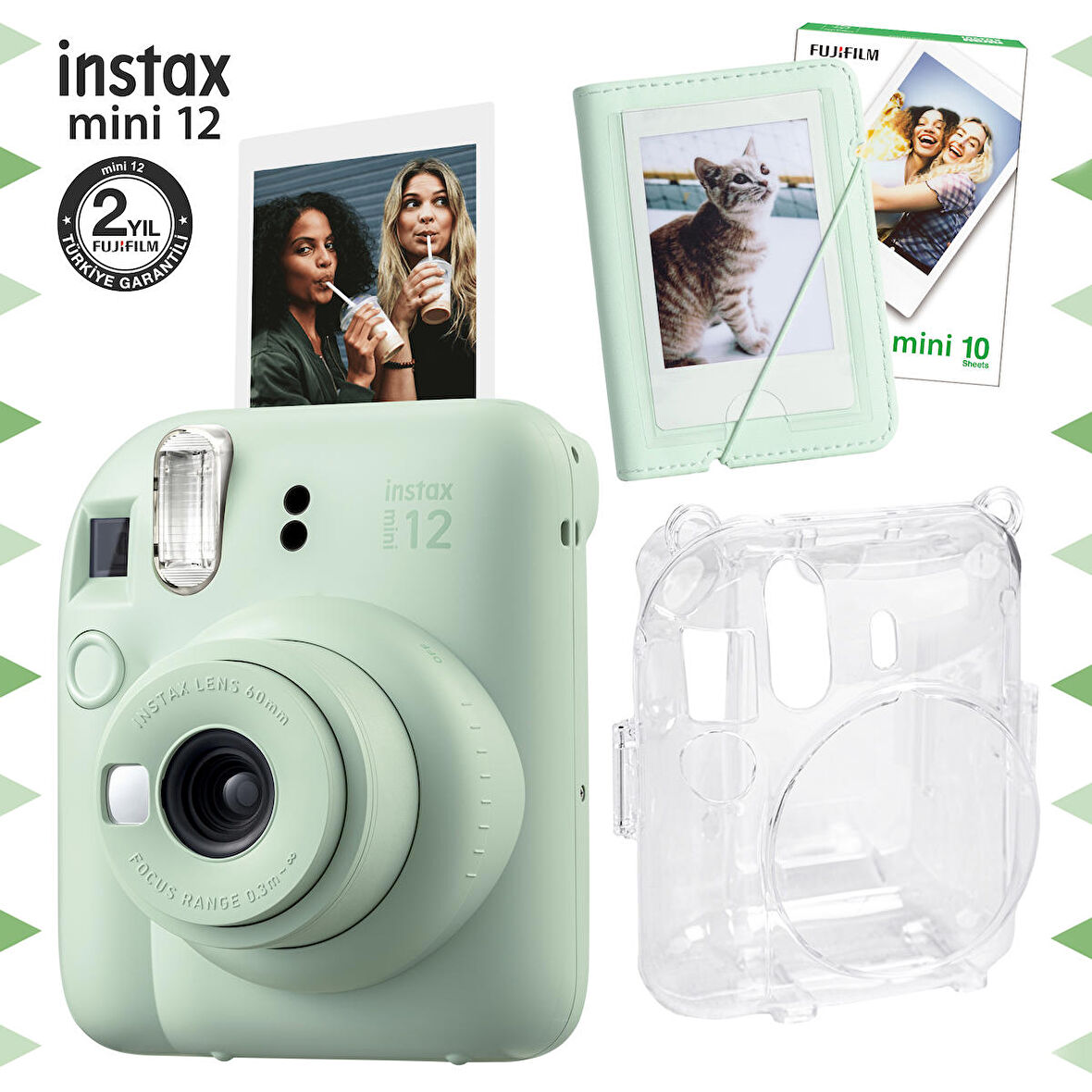 Instax mini 12 Yeşil Fotoğraf Makinesi-10'lu Film-Mini Albüm ve Şeffaf Kılıf Seti