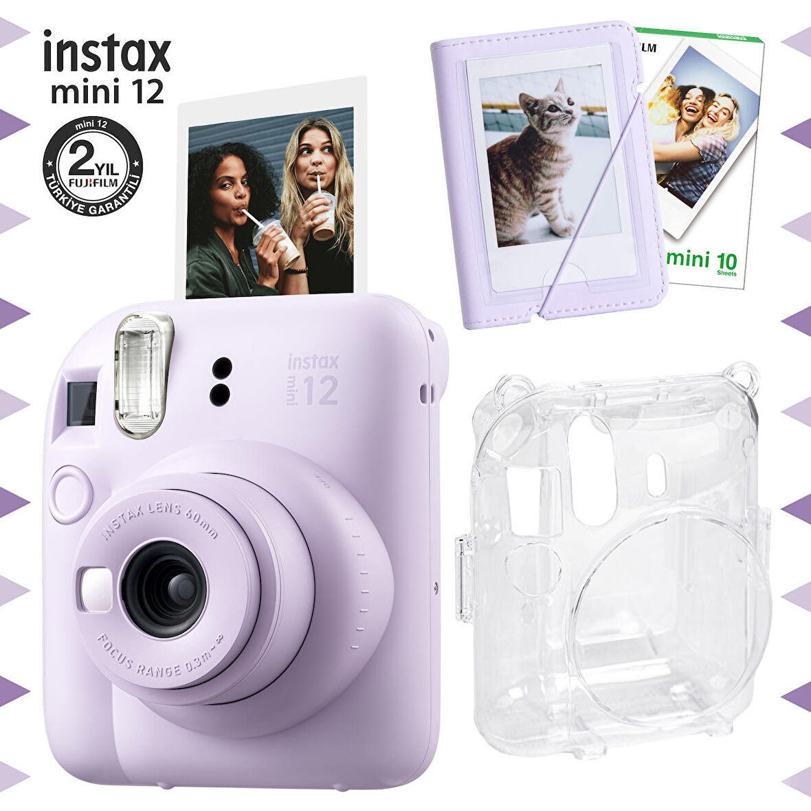 Instax mini 12 Lila Fotoğraf Makinesi-10'lu Film-Mini Albüm ve Şeffaf Kılıf Seti