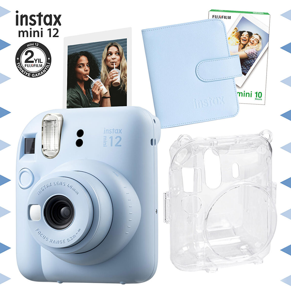 Instax mini 12 Mavi Fotoğraf Makinesi-10'lu Film-Kare Albüm ve Şeffaf Kılıf Seti