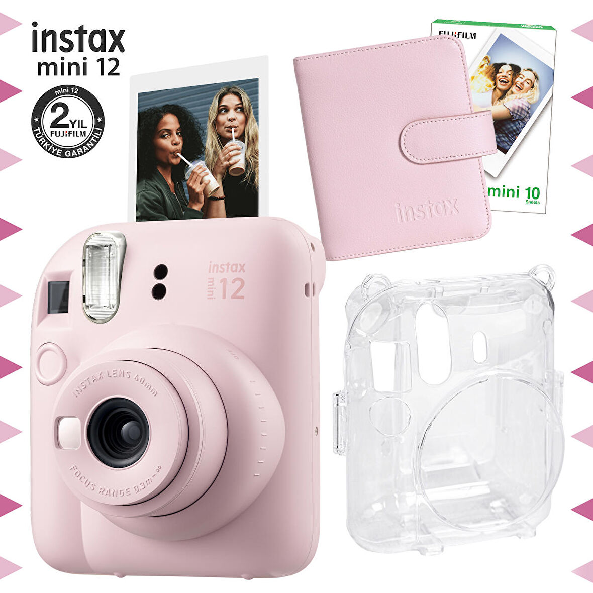 Instax mini 12 Pembe Fotoğraf Makinesi-10'lu Film-Kare Albüm ve Şeffaf Kılıf Seti