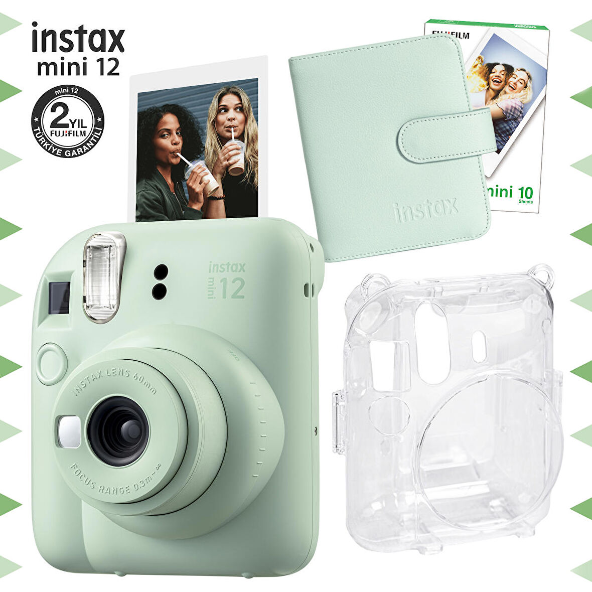 Instax mini 12 Yeşil Fotoğraf Makinesi-10'lu Film-Kare Albüm ve Şeffaf Kılıf Seti