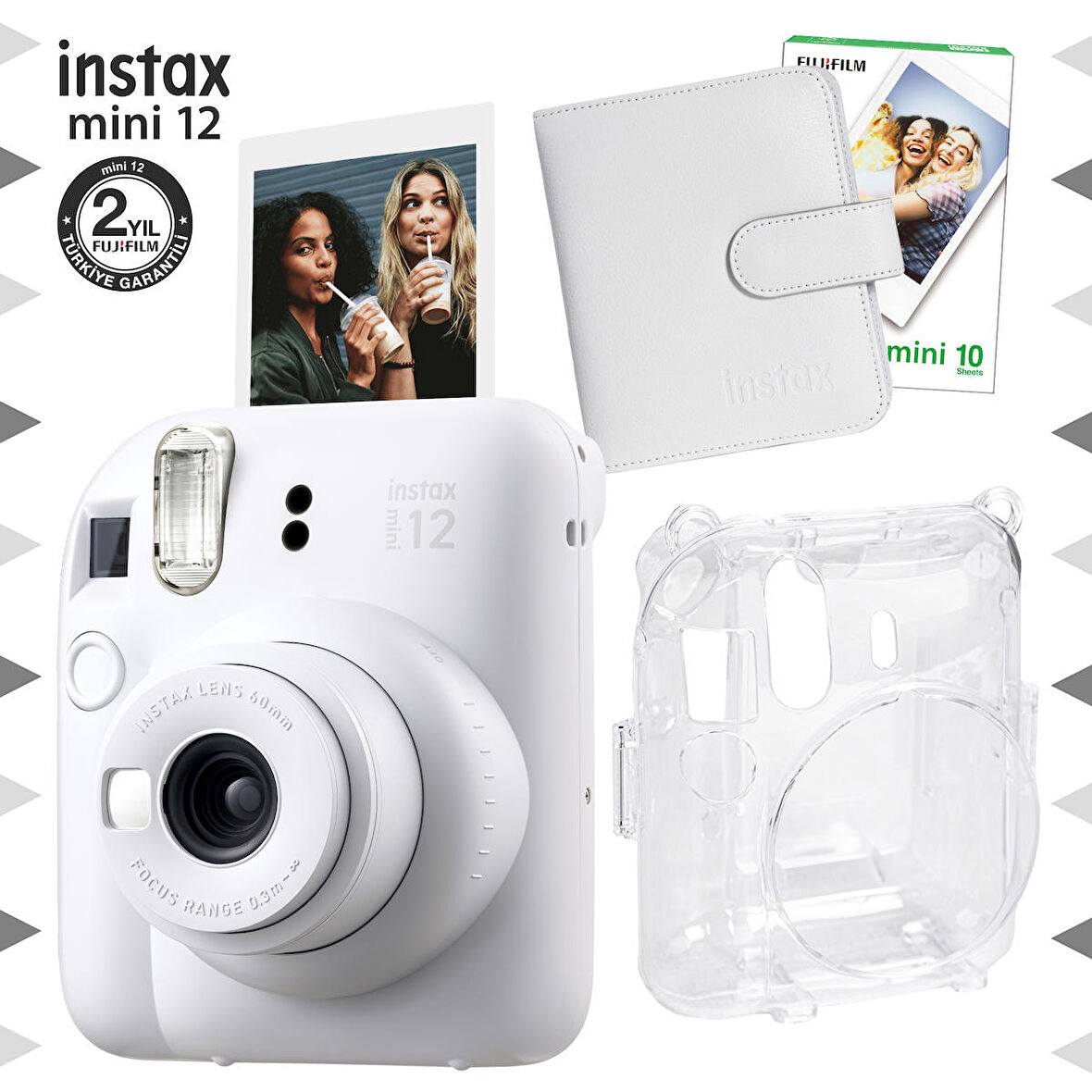 Instax mini 12 Beyaz Fotoğraf Makinesi-10'lu Film-Kare Albüm ve Şeffaf Kılıf Seti