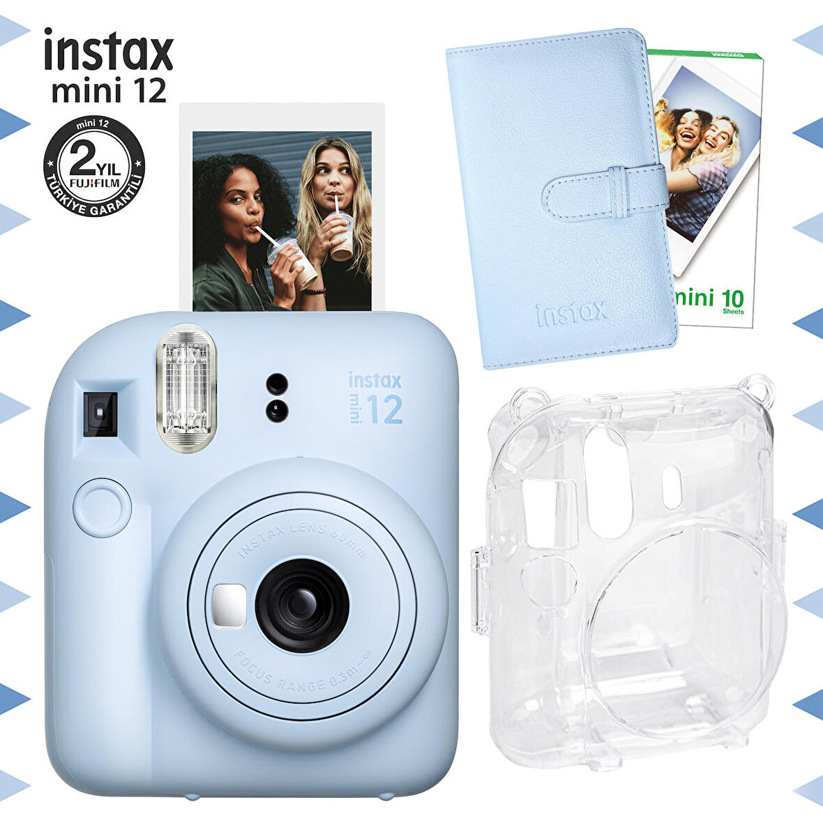 Instax mini 12 Mavi Fotoğraf Makinesi-10'lu Film-Laporta Albüm ve Şeffaf Kılıf Seti