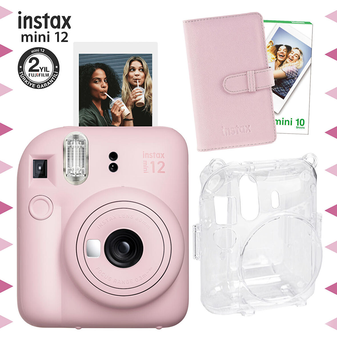 Instax mini 12 Pembe Fotoğraf Makinesi-10'lu Film-Laporta Albüm ve Şeffaf Kılıf Seti