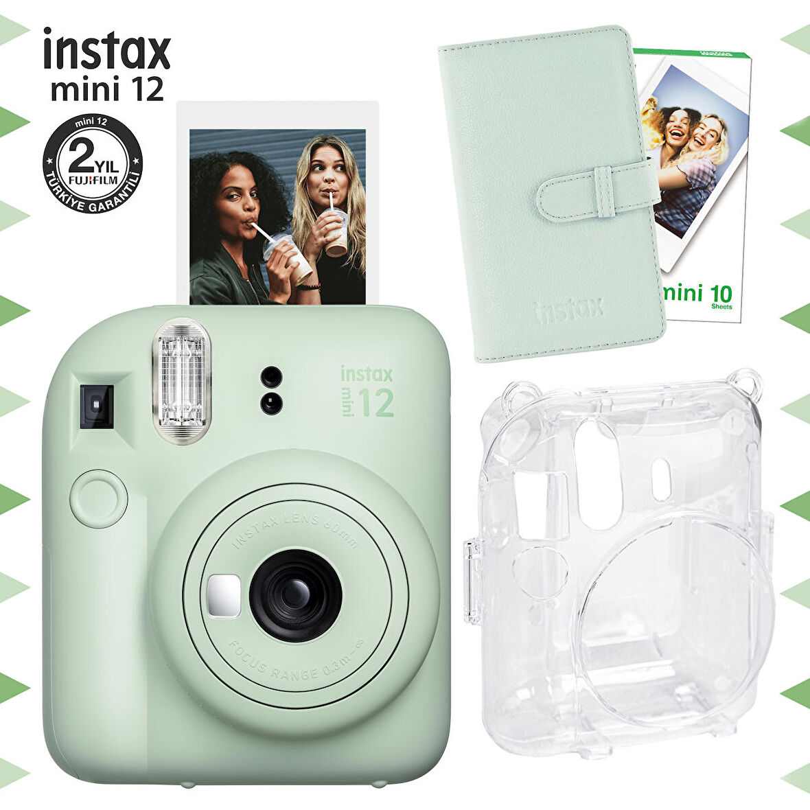 Instax mini 12 Yeşil Fotoğraf Makinesi-10'lu Film-Laporta Albüm ve Şeffaf Kılıf Seti